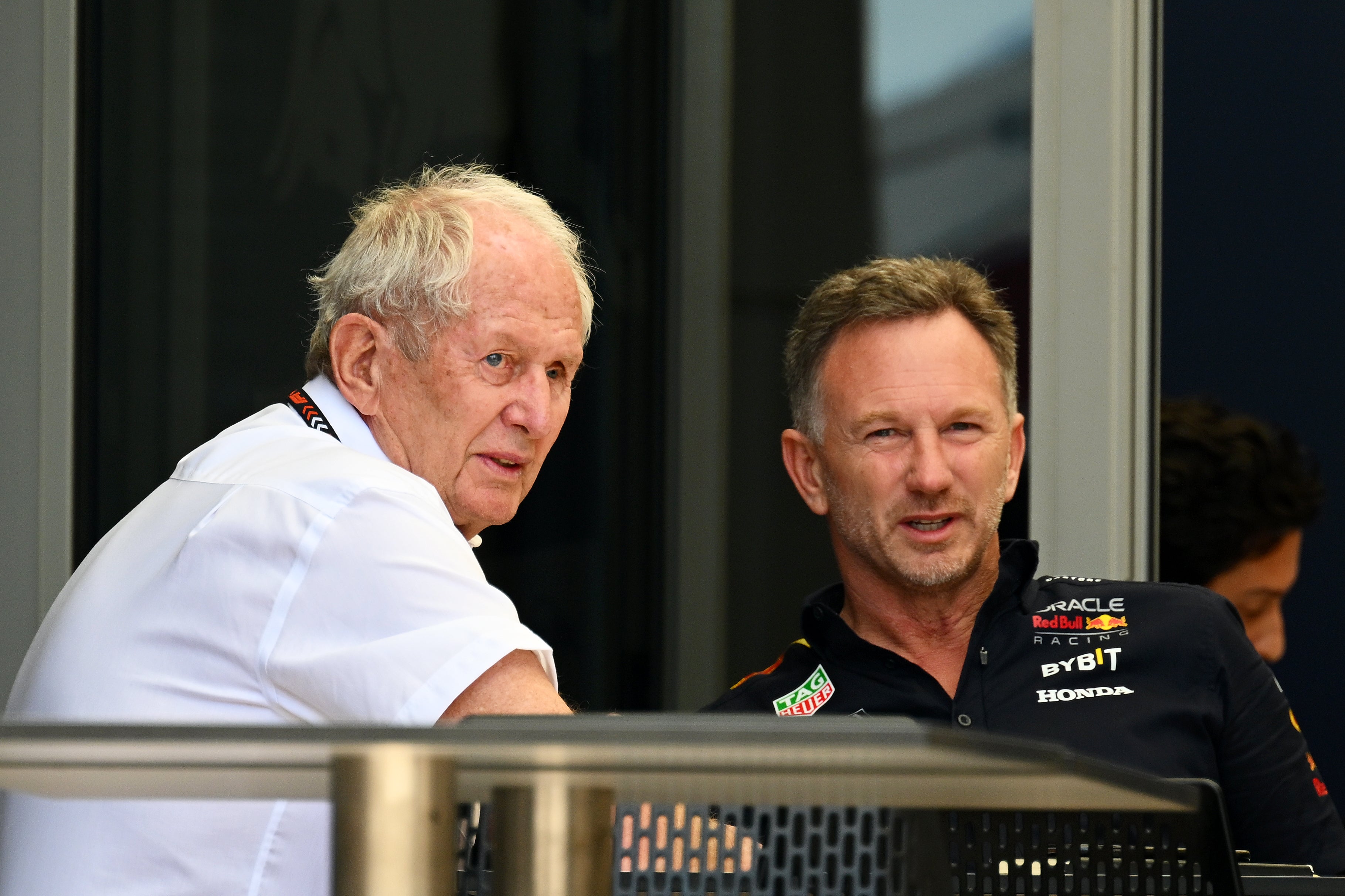 Christian Horner speaking with Helmut Marko in Bahrain last week