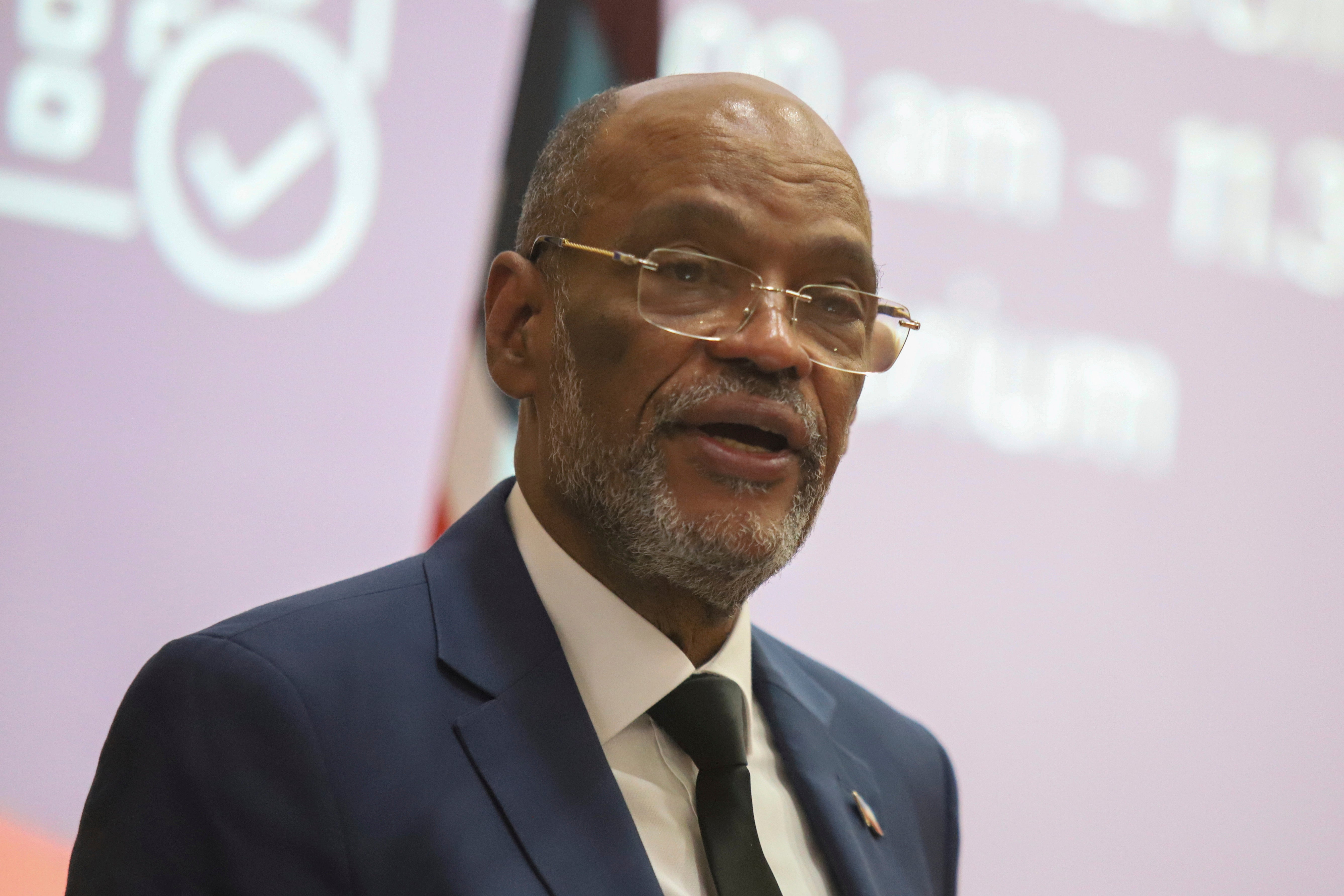 Haiti's Prime Minister Ariel Henry gives a public lecture at the United States International University (USIU) in Nairobi, Kenya