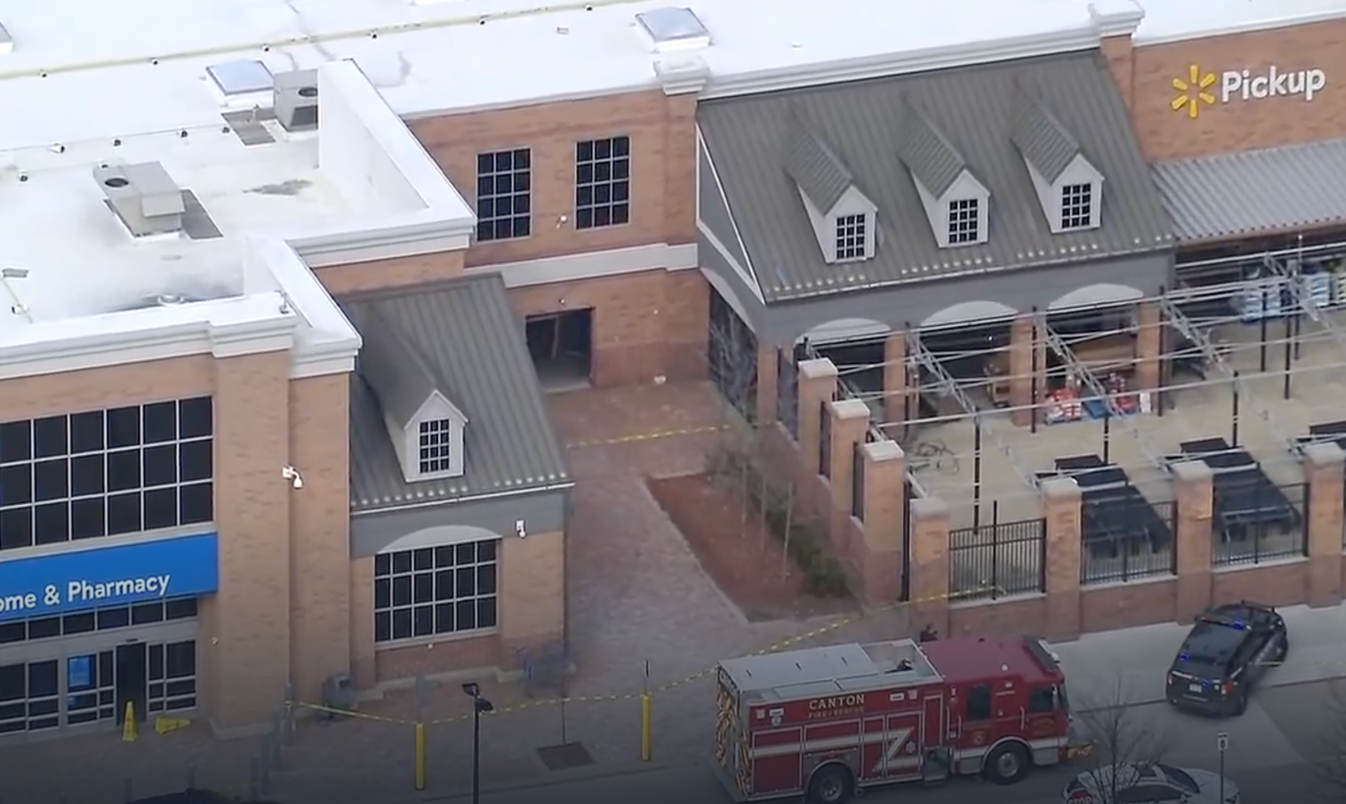 Aerial shot of emergency crews on the scene at a Walmart in Canton, Michigan