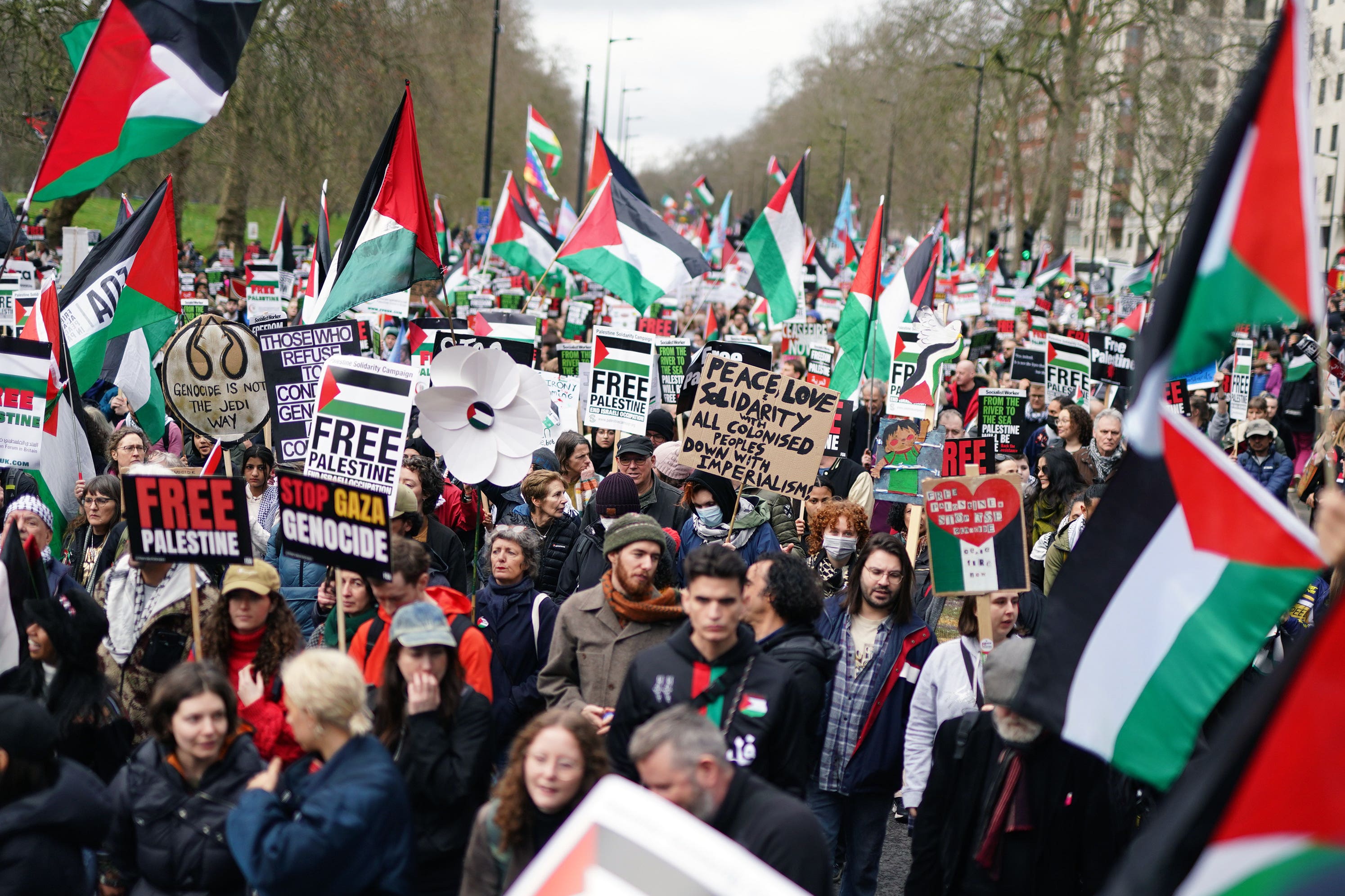 People take part in a pro-Palestine march in central London, organised by the Palestine Solidarity Campaign. Picture date: Saturday February 17, 2024. (Jordan Pettitt/PA)