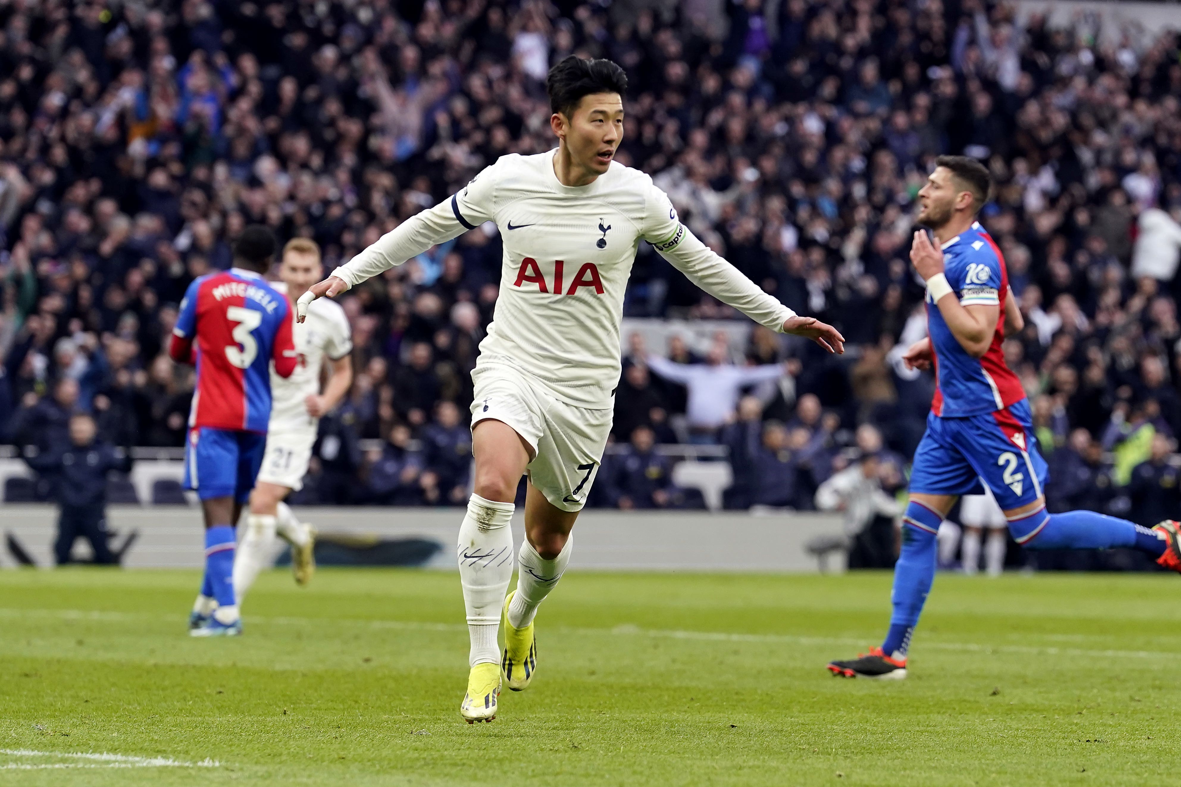 Son Heung-min celebrates scoring to make it 3-1 for Tottenham against Crystal Palace (Andrew Matthews/PA)