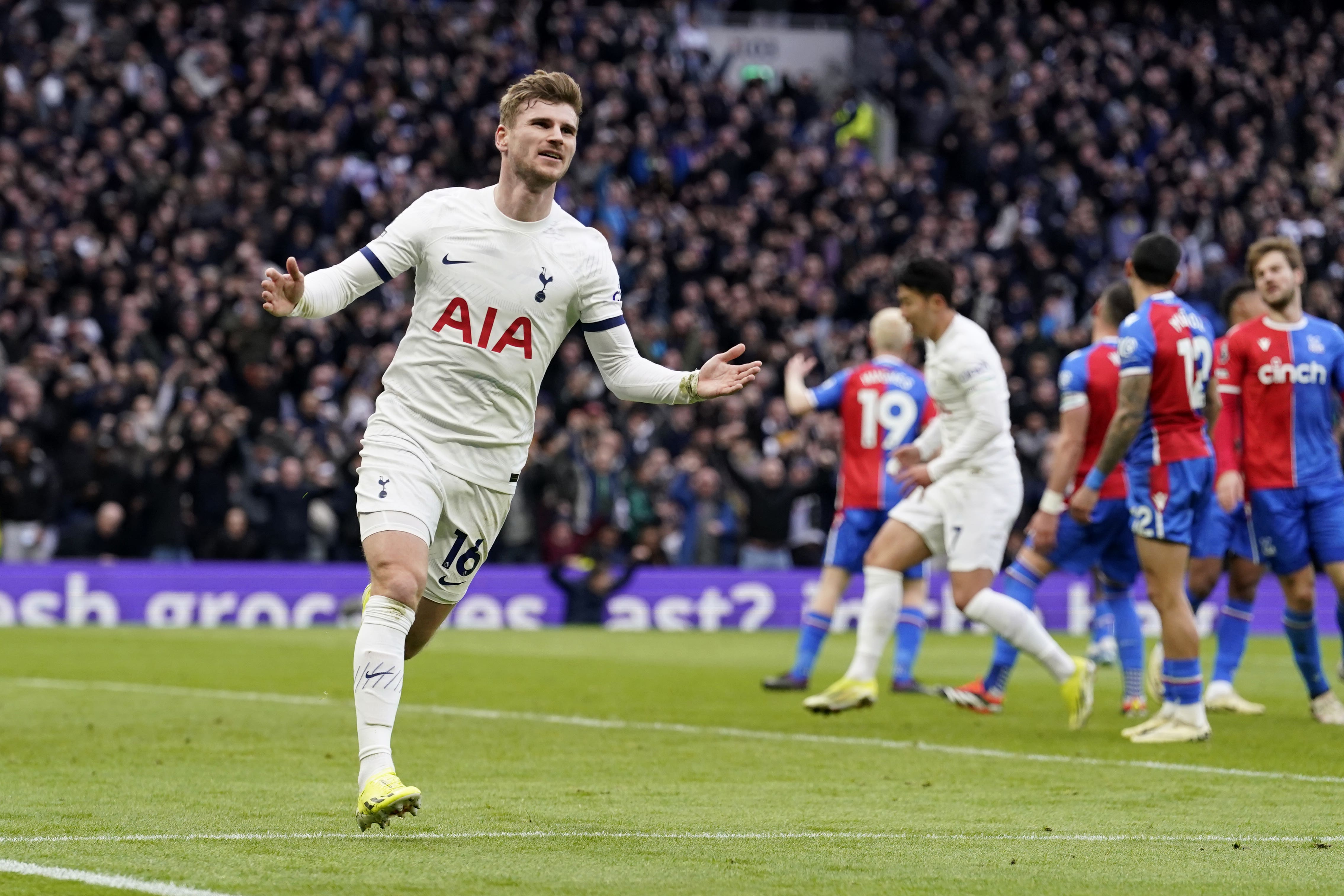 Timo Werner celebrates after he opened his account for Tottenham in their 3-1 win over Crystal Palace (Andrew Matthews/PA)