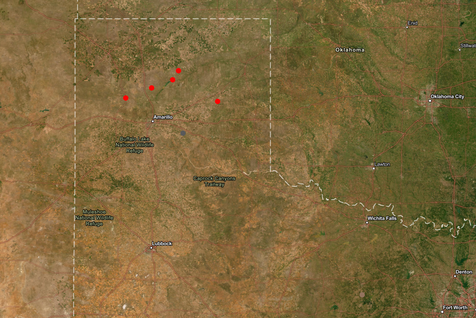 The Smokehouse Creek fire is the northernmost fire, burning in Hutchinson County