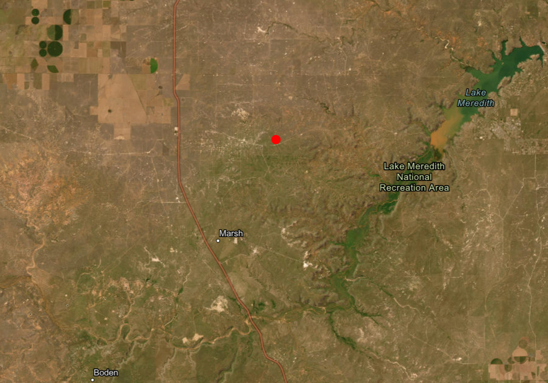 The Windy Deuce fire, represented by the red dot, is burning in southern Moore County