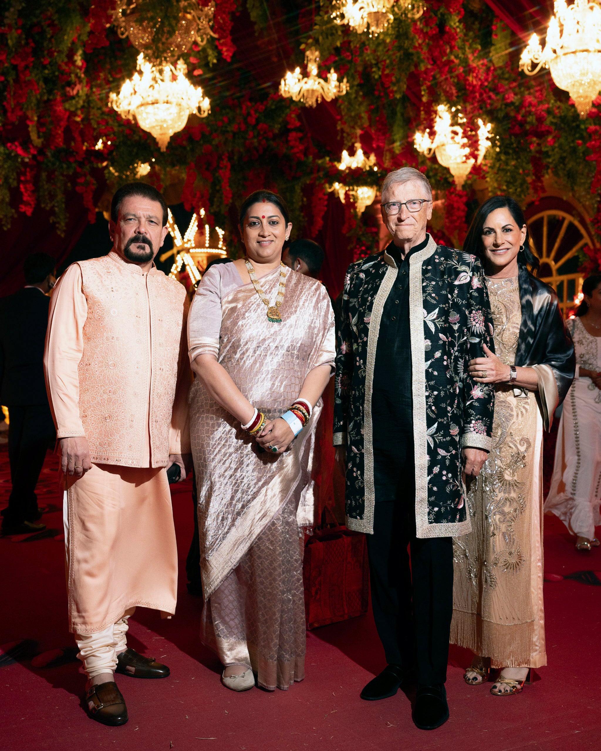 This photograph released by the Reliance group shows R to L Paula Hurd, Bill Gates, Indian Minister of Women and Child Development Smriti Irani and her husband Zubin Irani at a pre-wedding bash of Mukesh Ambani’s son Anant Ambani in Jamnagar, India, Saturday, 02 March 2024