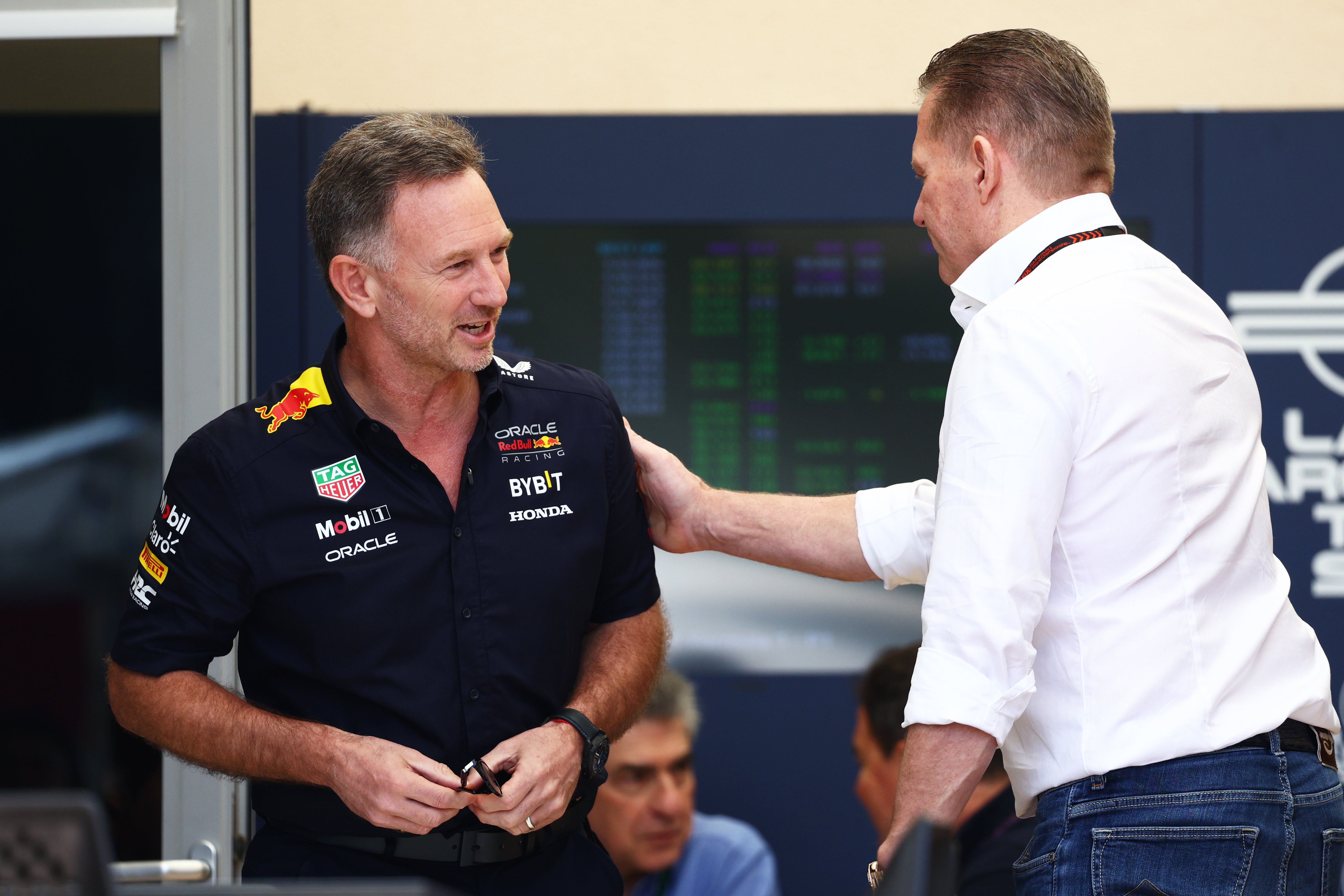 Verstappen Snr. was seen talking to Christian Horner (left) in the Bahrain paddock