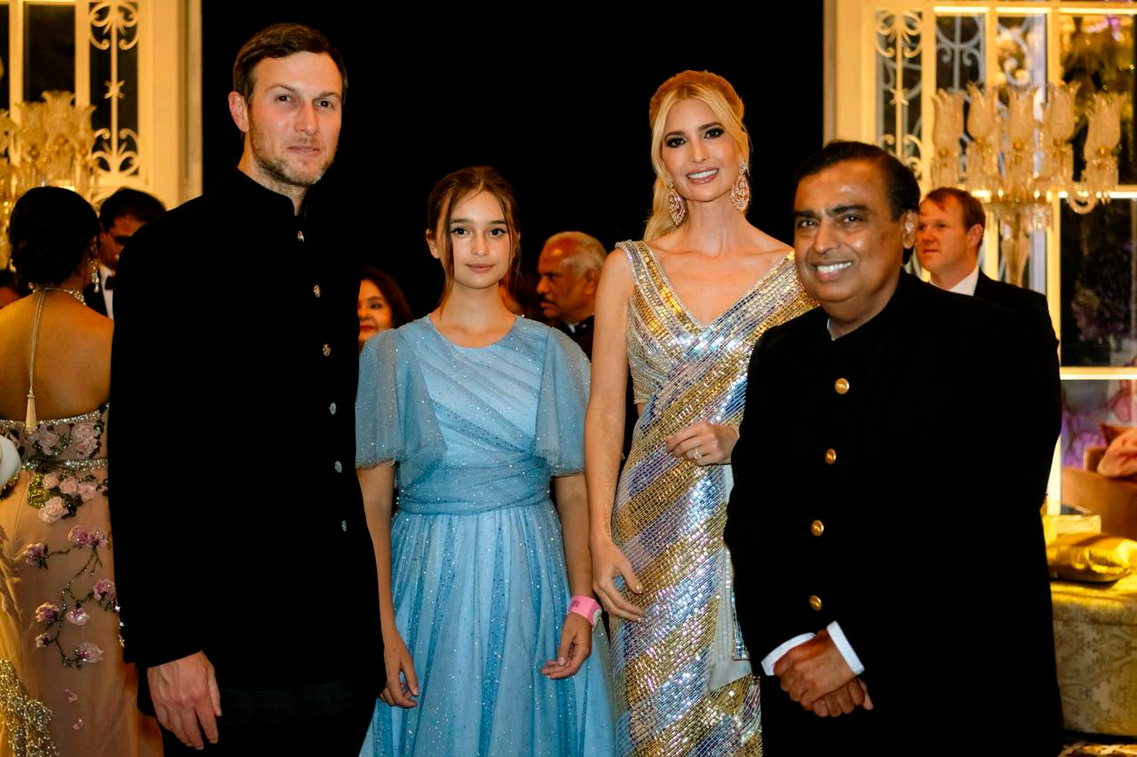 This photograph released by the Reliance group shows from L to R, Jared Kushner, daughter Arabella and Ivanka Trump posing for a photograph with billionaire industrialist Mukesh Ambani, right, at a pre-wedding bash of Ambani’s son Anant Ambani in Jamnagar, India, Friday, 1 March 202