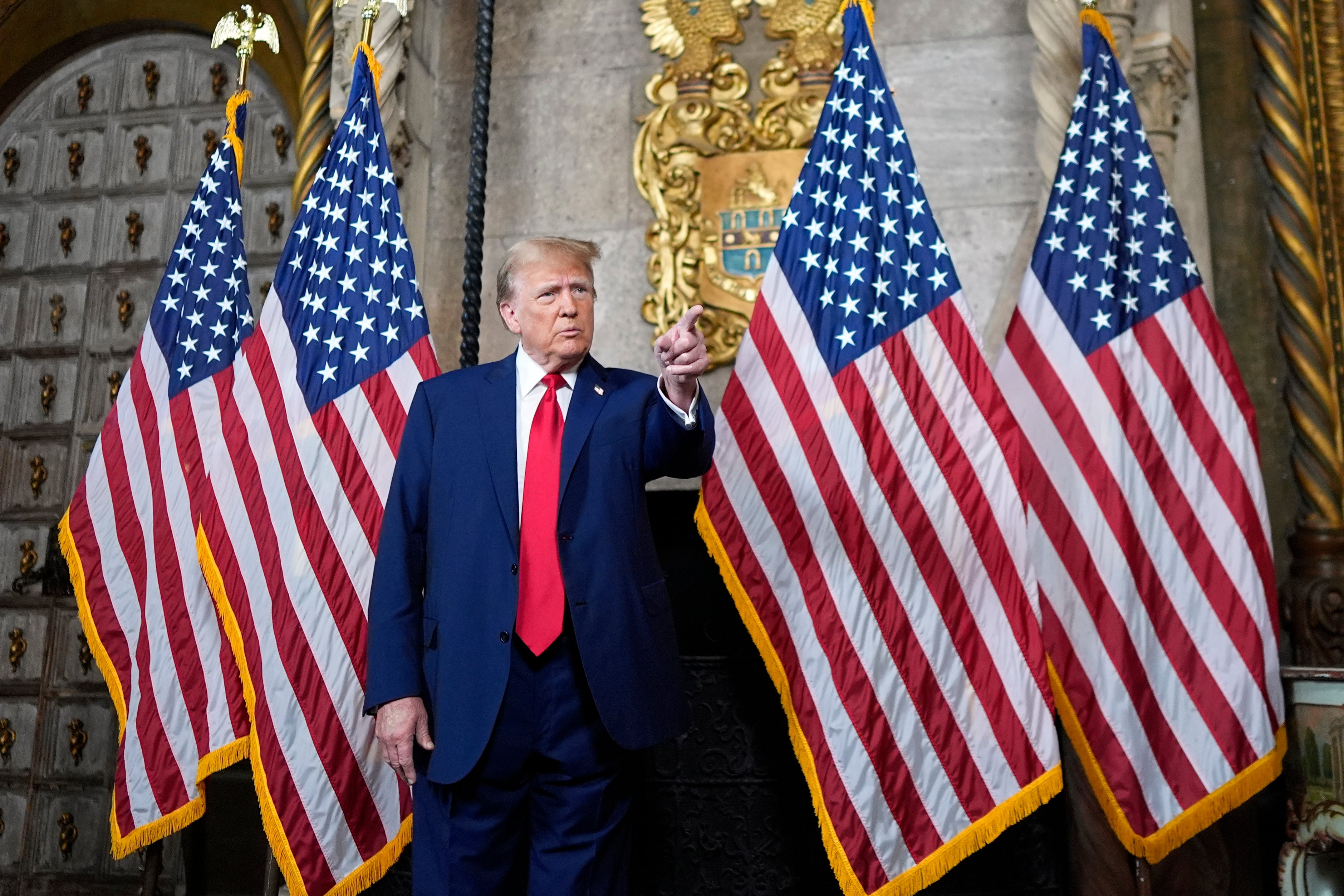 Donald Trump speaks to reporters from Mar-a-Lago on 4 March after the US Supreme Court’s decision in a case that keeps him on presidential election ballots.