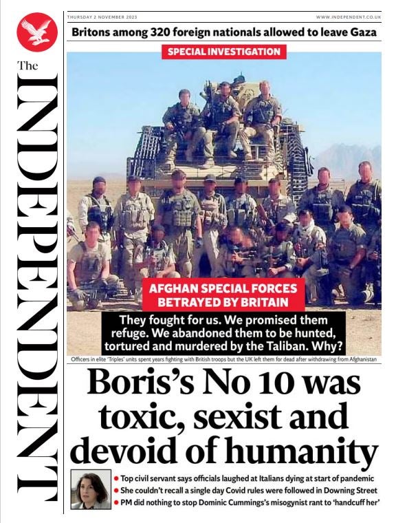 Our front page about the betrayal of the Afghan Triples on 2 November 2023