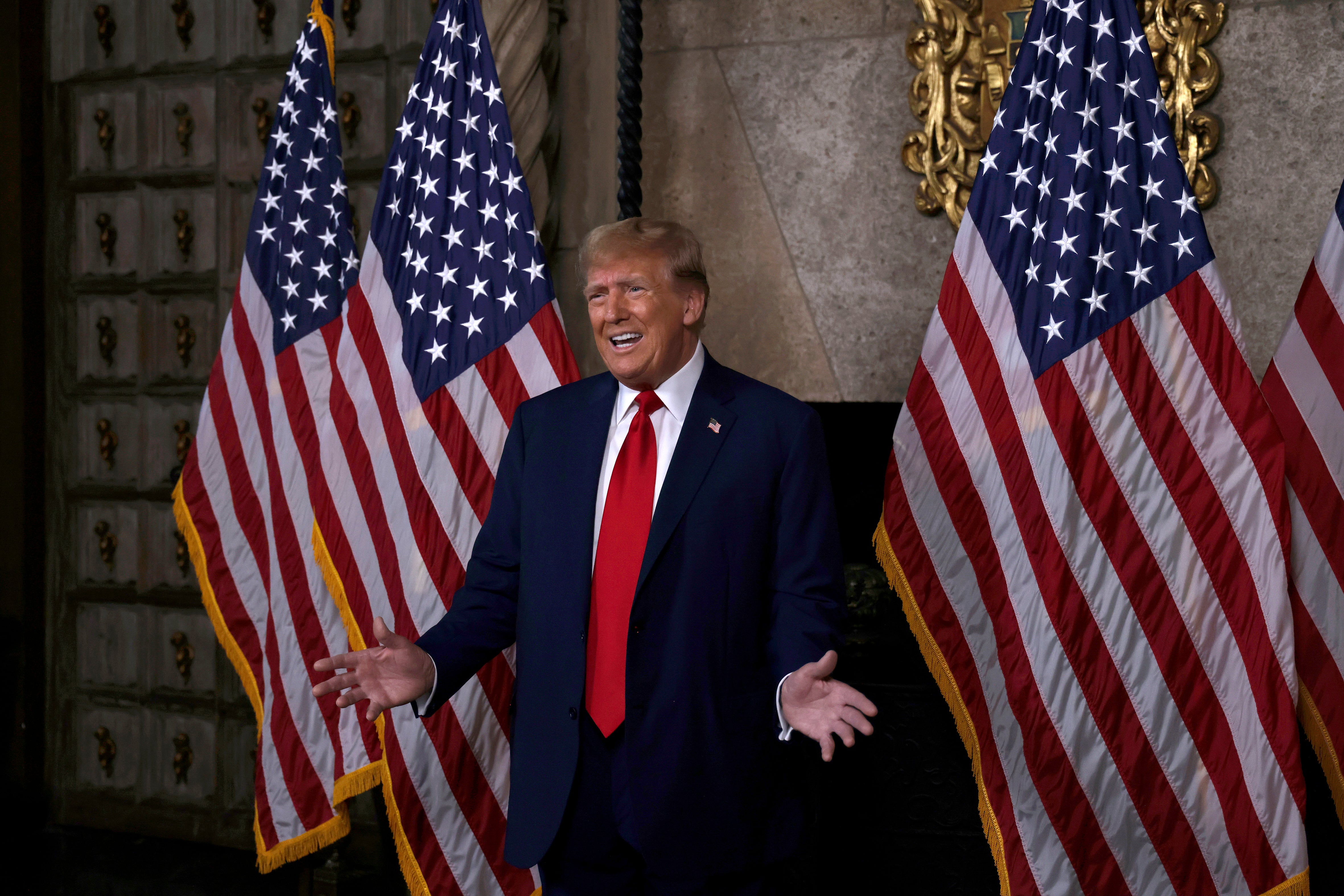 Former president Donald Trump speaks in the library at Mar-a-Lago on 4 March 2024 in Palm Beach, Florida