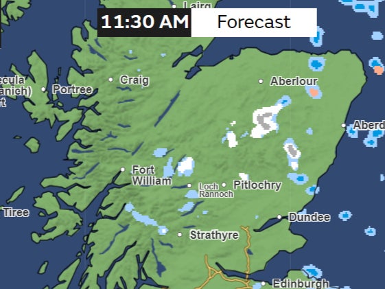 Met Office forecast on Friday shows snow developing in parts of Scotland (in white and grey) as rest of the country enjoys pleasant weather