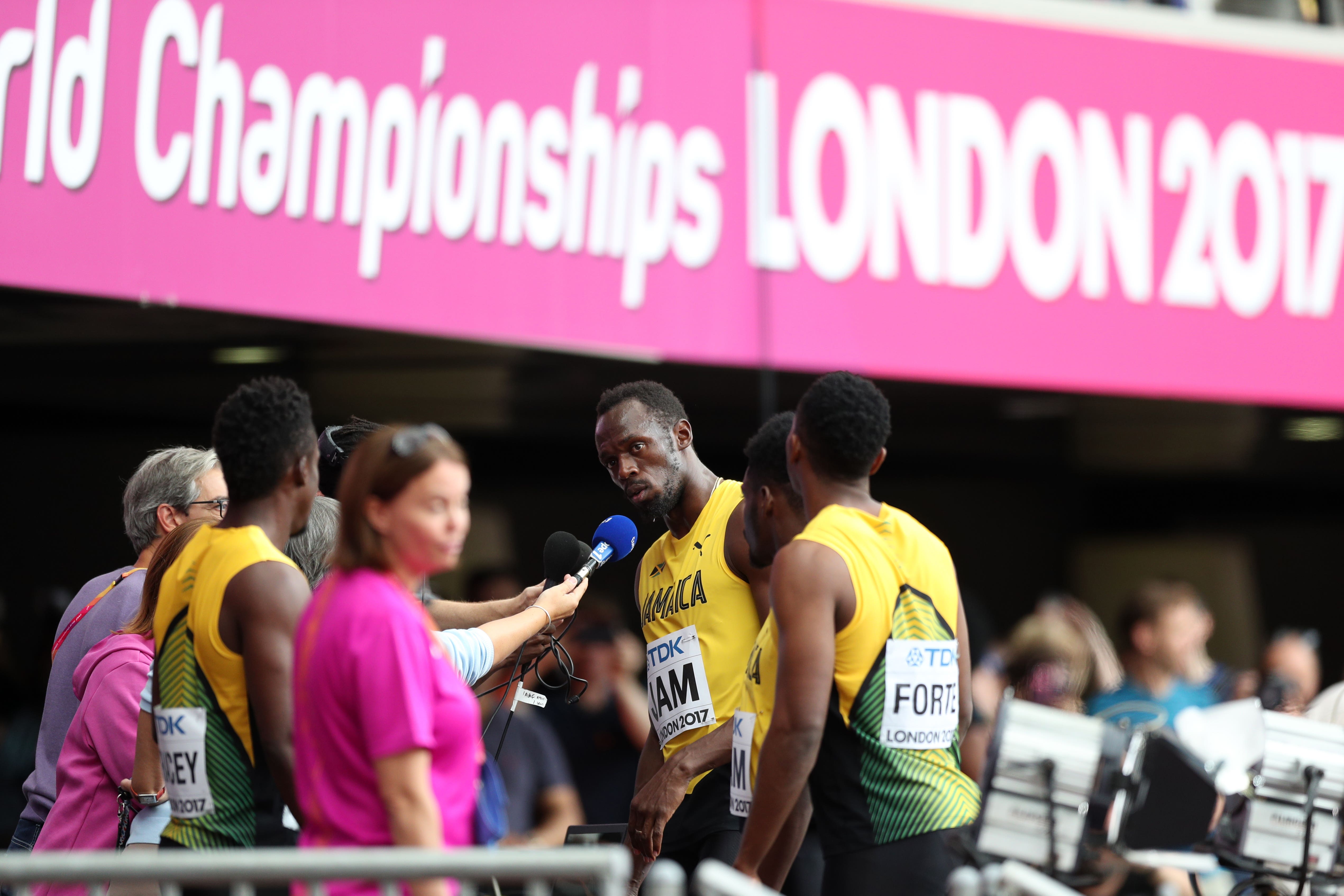 Jamaica’s Usain Bolt (second from right) after the men’s 4x100m relay at the 2017 World Athletics Championships in London (Jonathan Brady/PA).