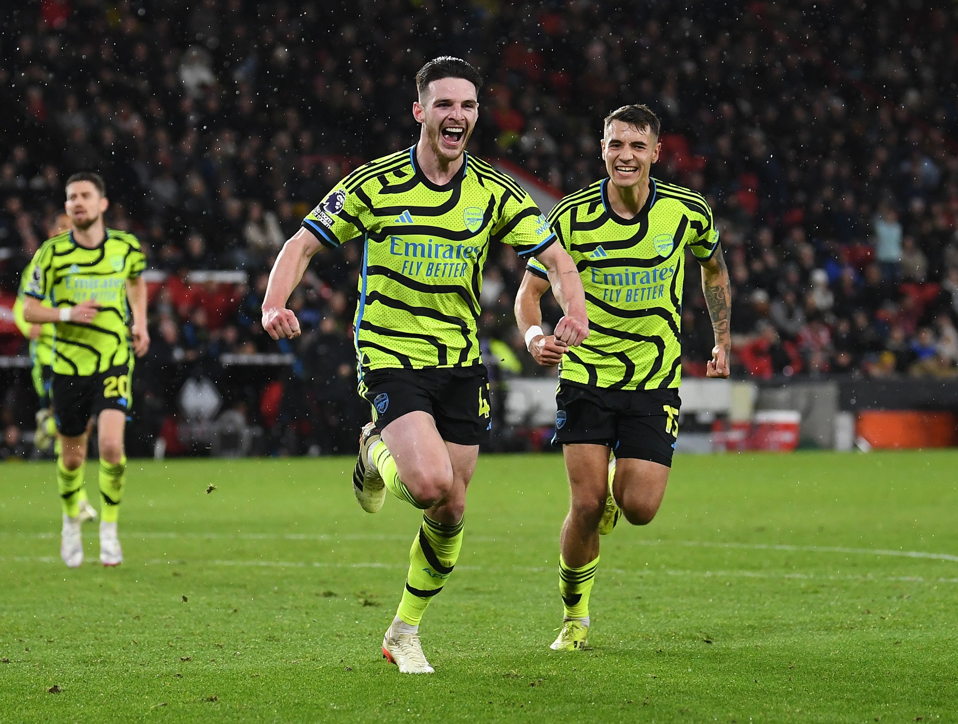 Declan Rice celebrates after scoring Arsenal’s fifth goal of the game