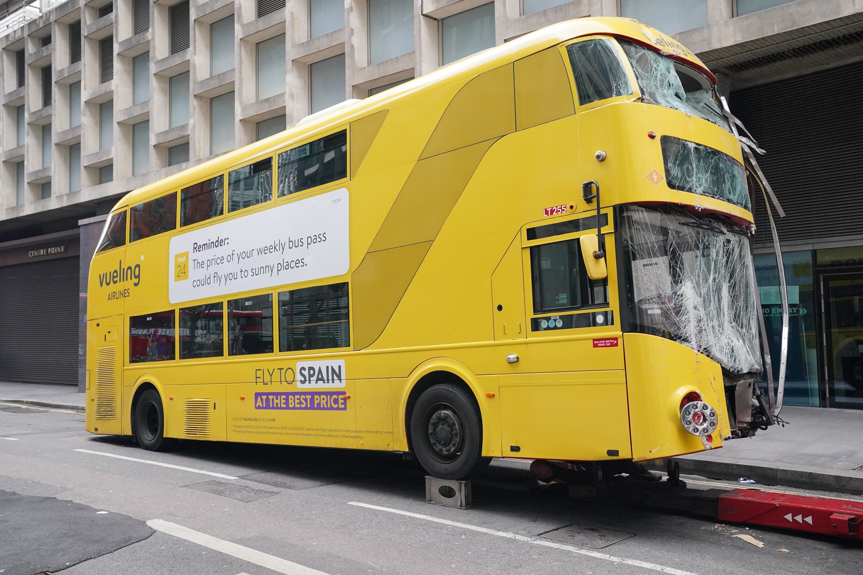 One person was taken to hospital after the bus crashed into the building