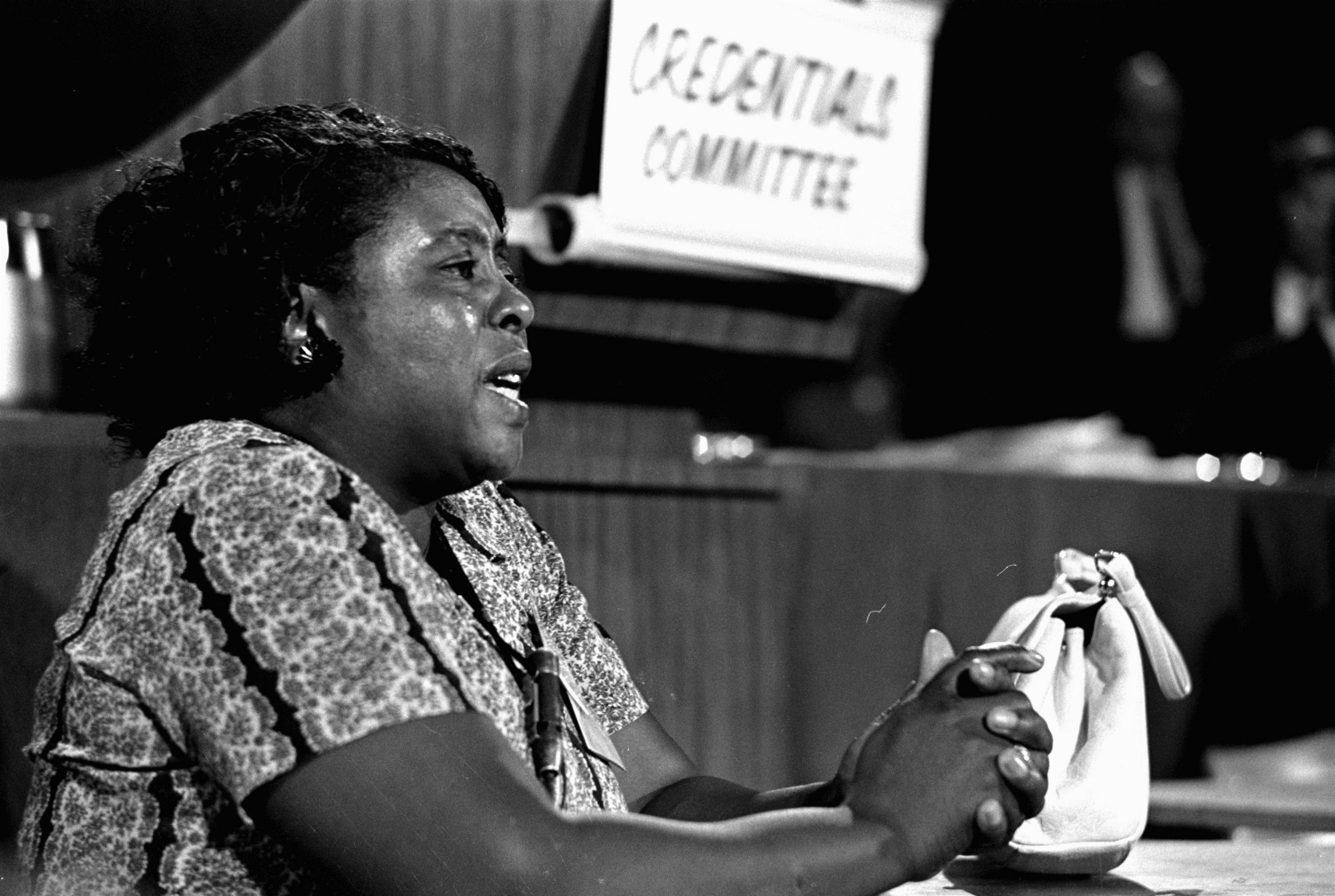 Fannie Lou Hamer, a leader of the Freedom Democratic party, spoke before the credentialing committee of the Democratic National Committee.