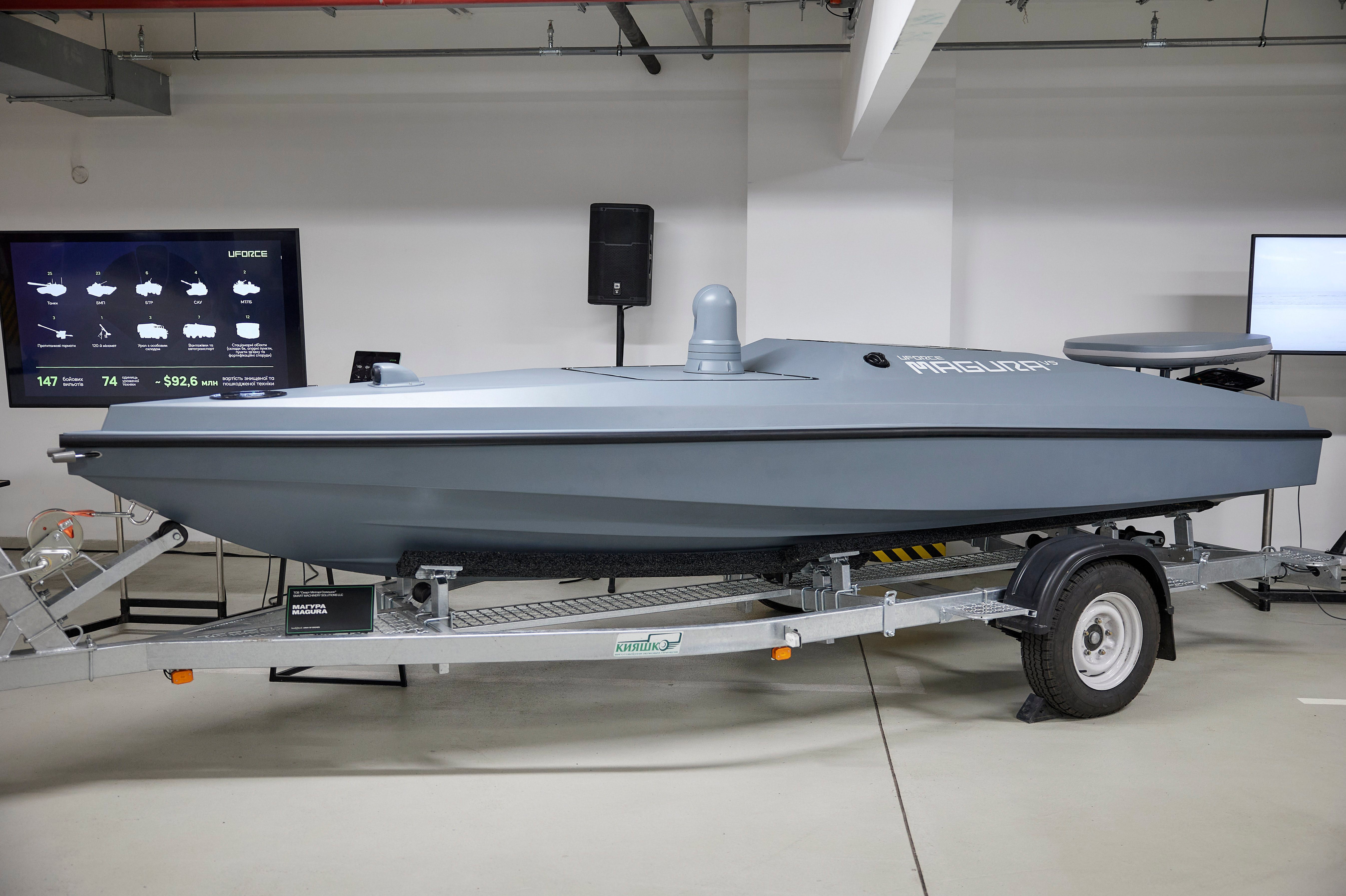 A Magura V5 (maritime autonomous guard unmanned robotic apparatus V-type), Ukrainian multi-purpose unmanned surface boat capable of performing various tasks, is seen in Ukraine