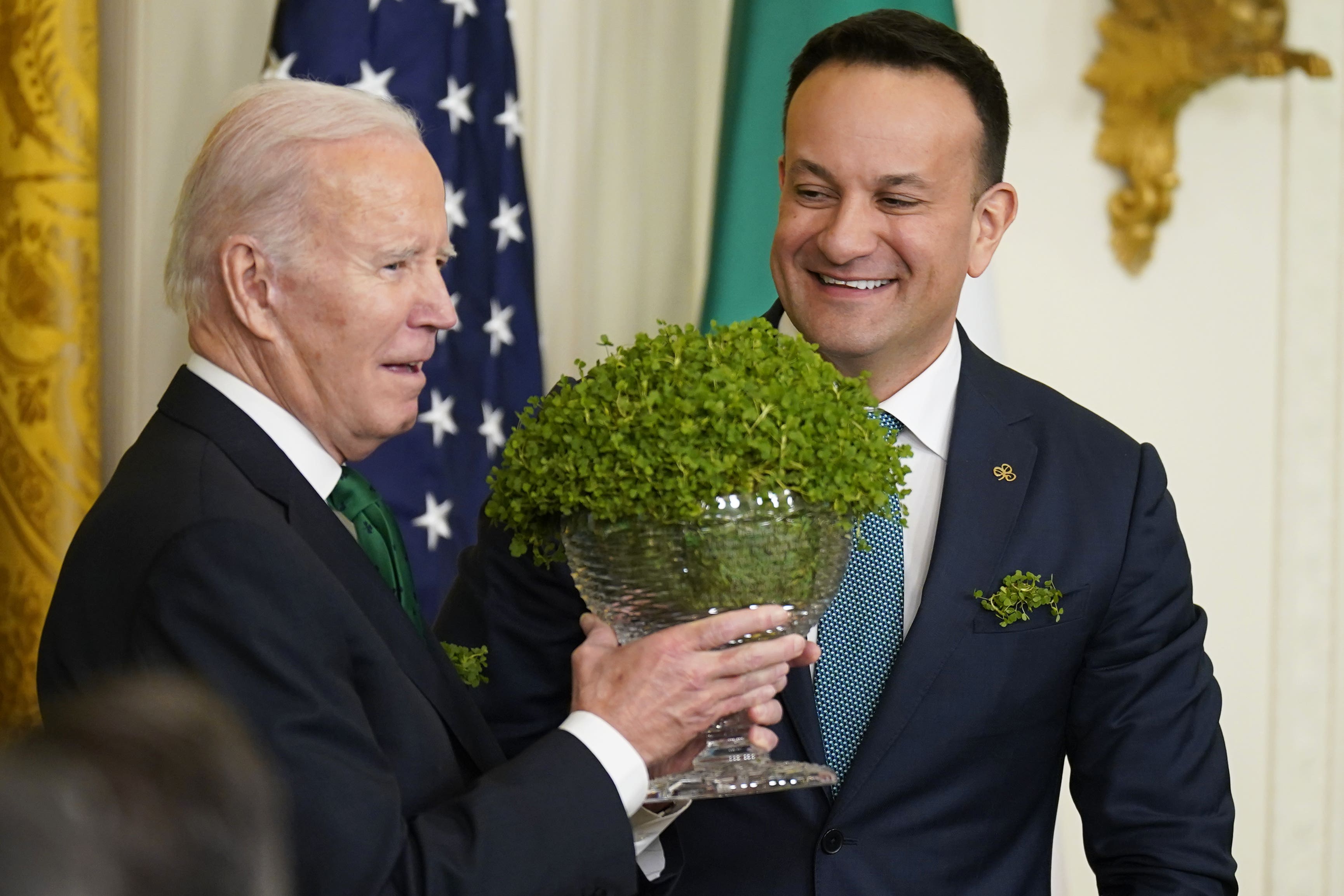 Taoiseach Leo Varadkar presents US President Joe Biden with a bowl of Shamrock last year