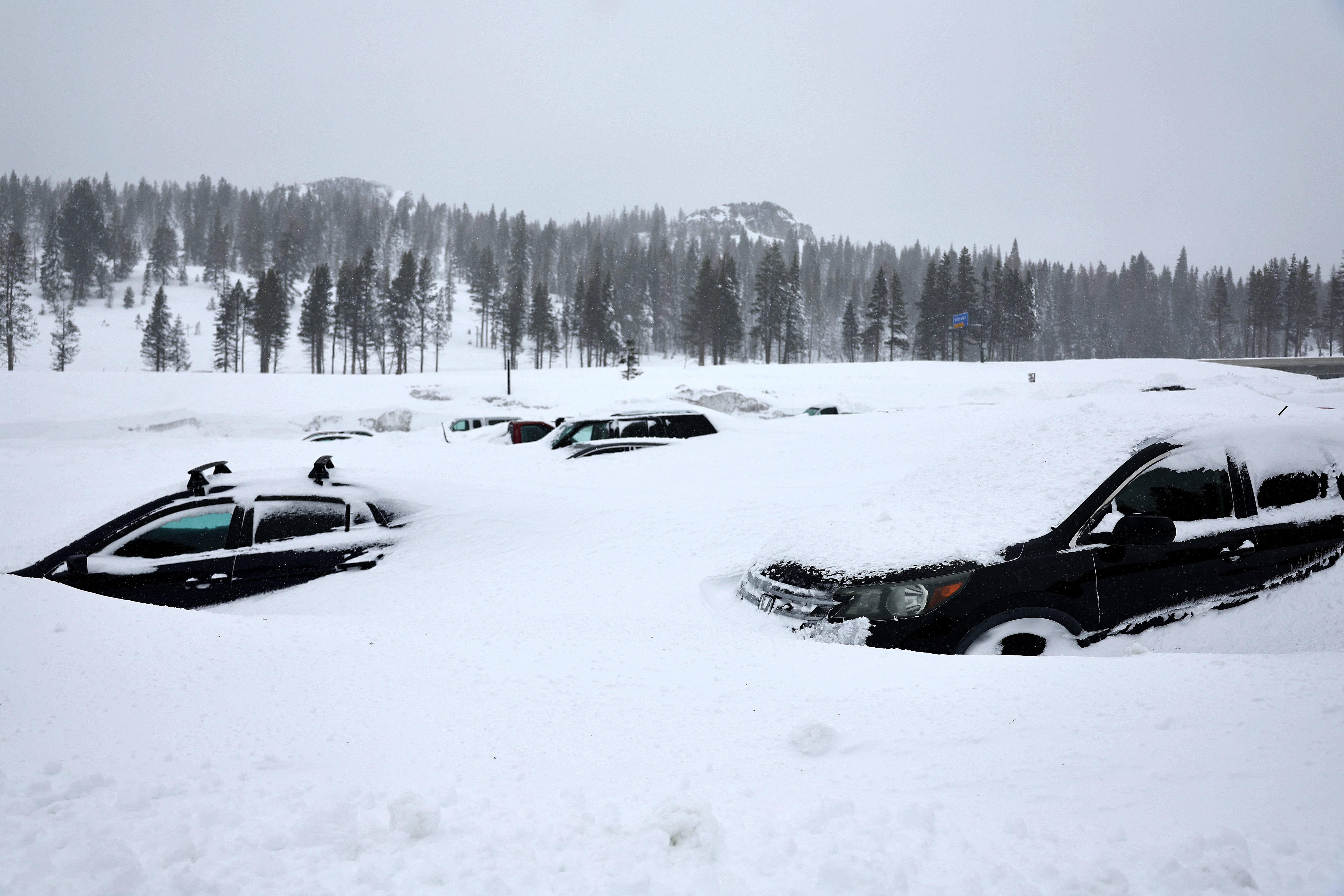 Vehicles are covered in snow at Boreal Mountain Resort, currently shuttered due to the storm