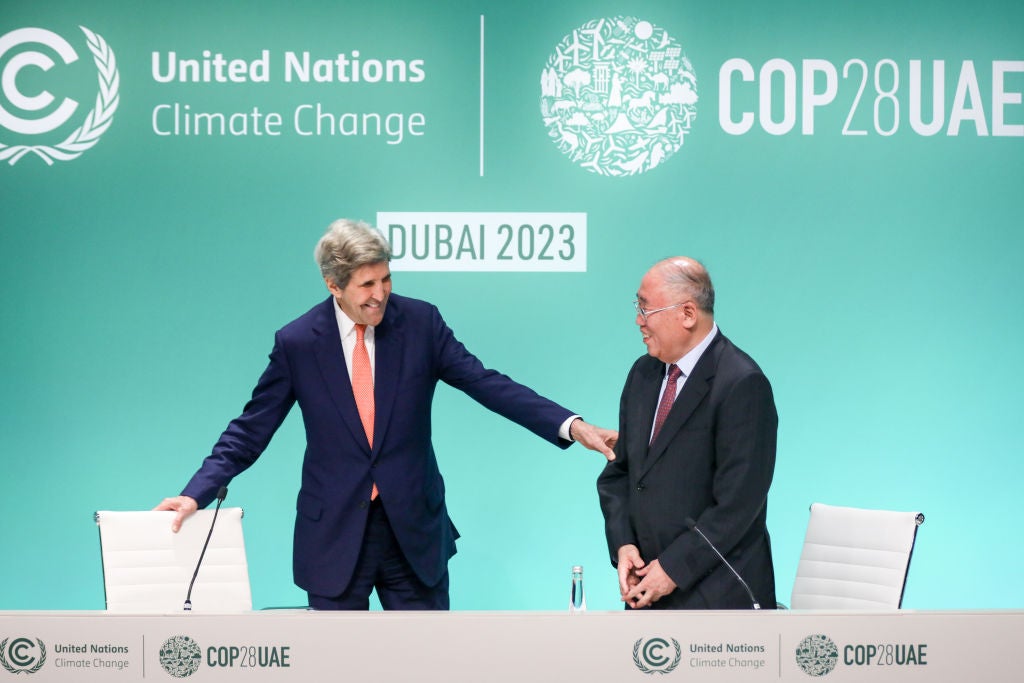 John Kerry, U.S. Special Presidential Envoy for Climate, and his Chinese counterpart Xie Zhenhua give a joint news conference at Cop28