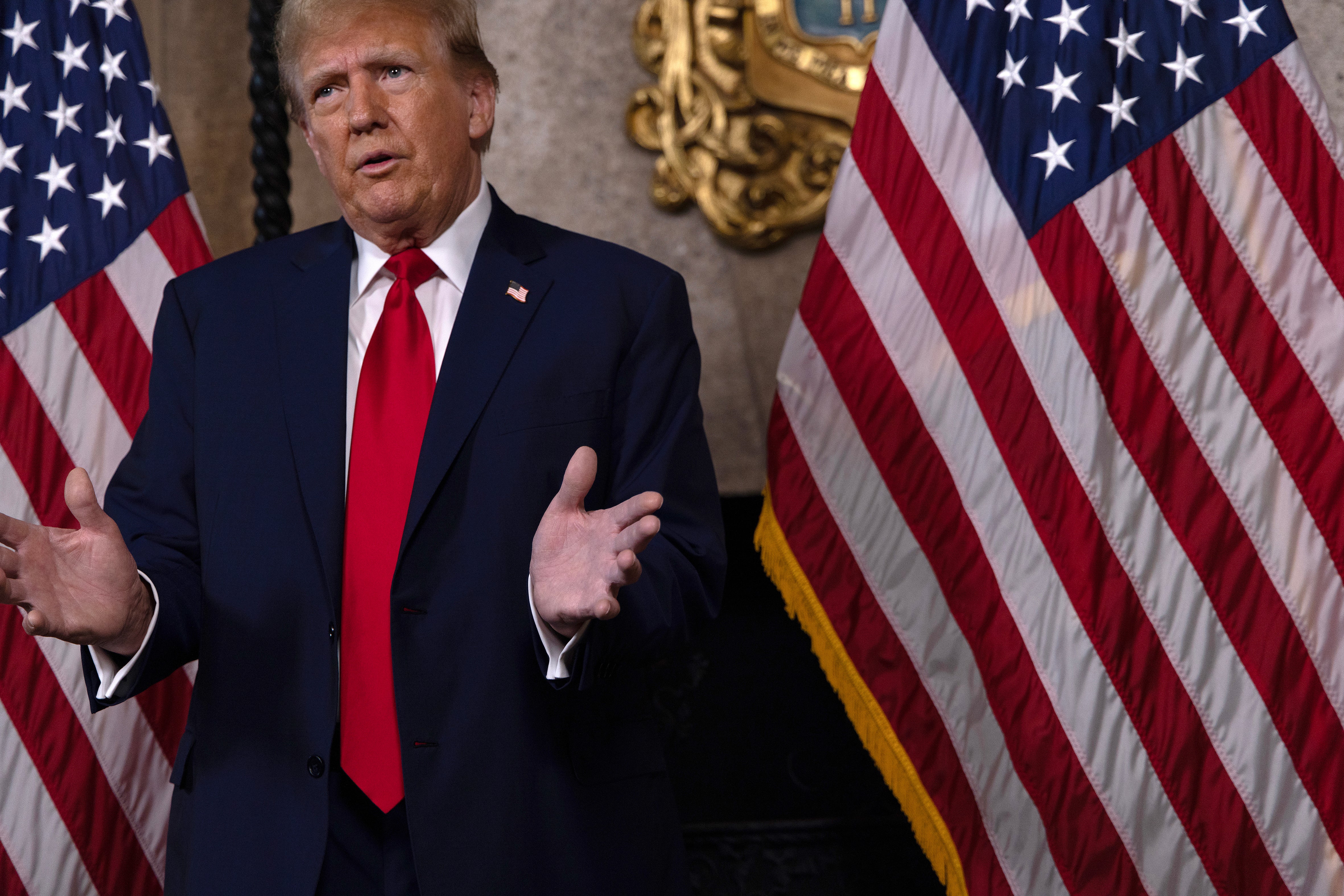 <p>PALM BEACH, FLORIDA - MARCH 04: Republican presidential candidate, former President Donald Trump speaks in the library at Mar-a-Lago on March 4, 2024 in Palm Beach, Florida. The U.S. Supreme Court ruled that Trump can appear on this year's ballot after the Colorado Supreme Court said he was disqualified from being president again and ineligible for the state's primary. (Photo by Alon Skuy/Getty Images)</p>