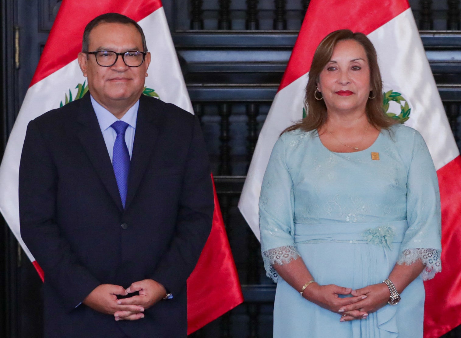 Peru's prime minister Alberto Otarola (L) during a ceremony with President Dina Boluarte at the Palace of Government in Lima on March 1, 2024