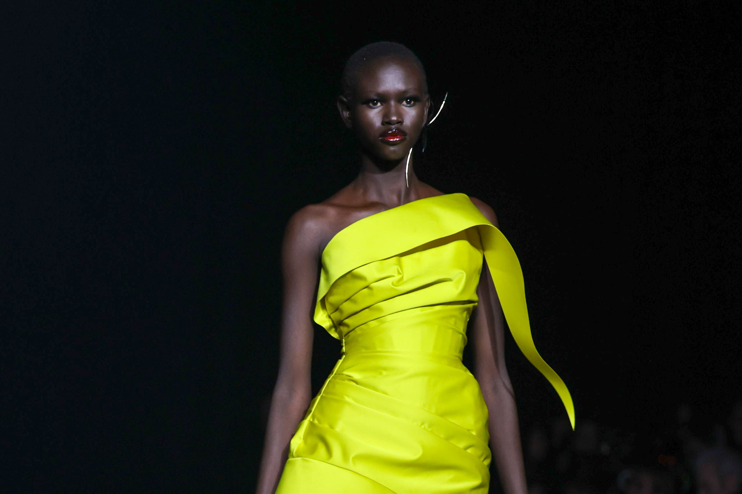 A model wears a creation as part of the Mugler Fall/Winter 2024-2025 ready-to-wear collection presented Sunday, March 3, 2024 in Paris. (Vianney Le Caer/Invision/AP)