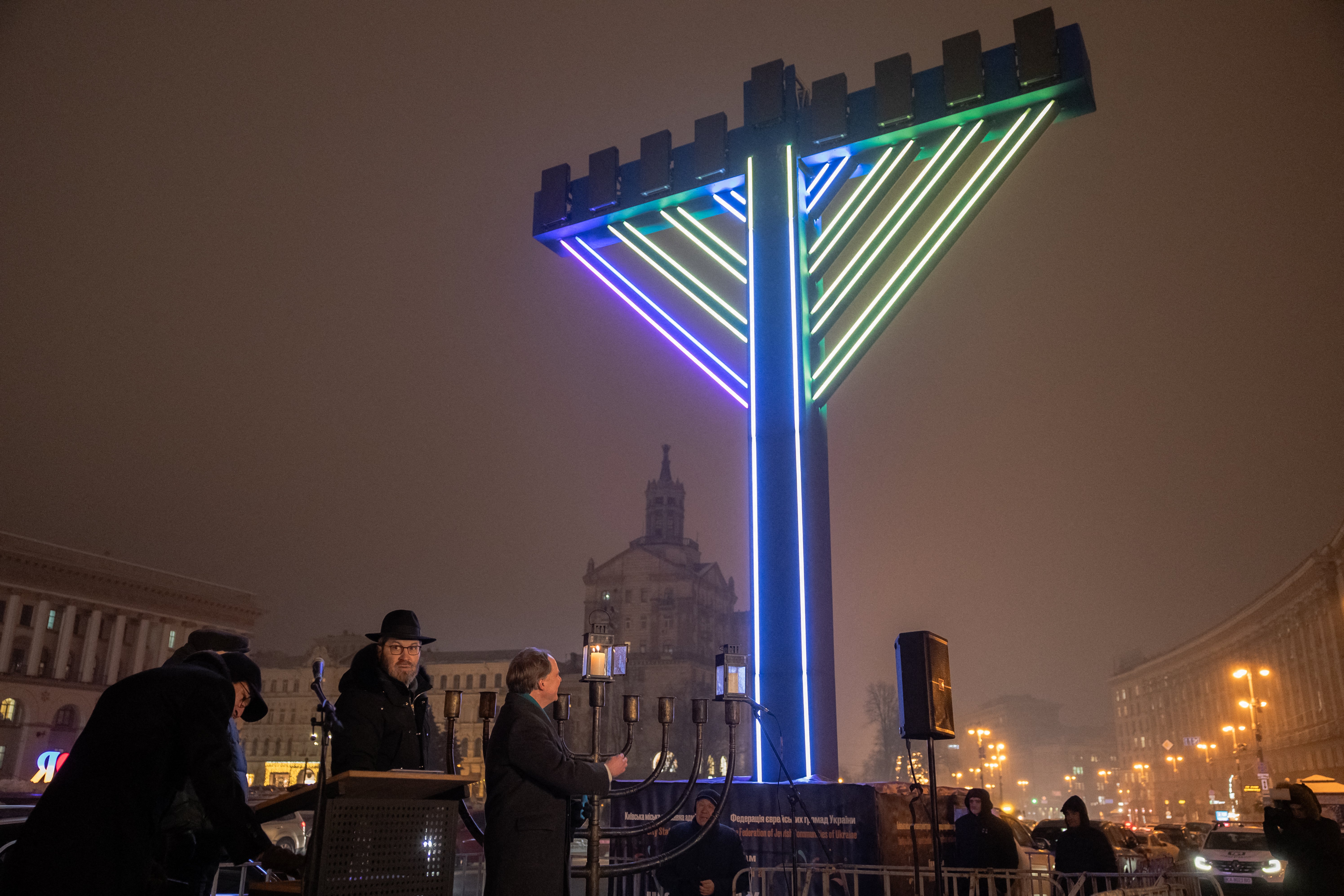 People attending a ceremony to celebrate Hanukkah at Independence Square, Kyiv, last December