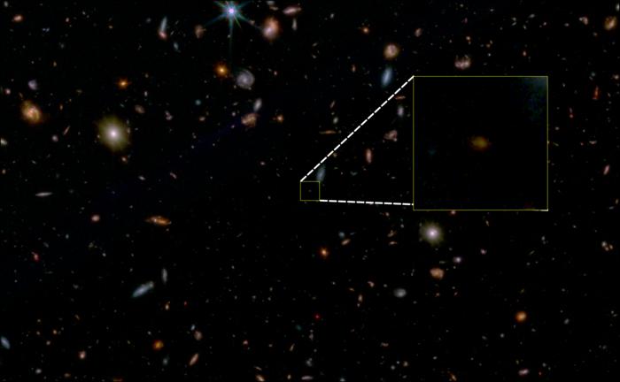 False-colour JWST image of a small fraction of the GOODS South field, with JADES-GS-z7-01-QU highlighted