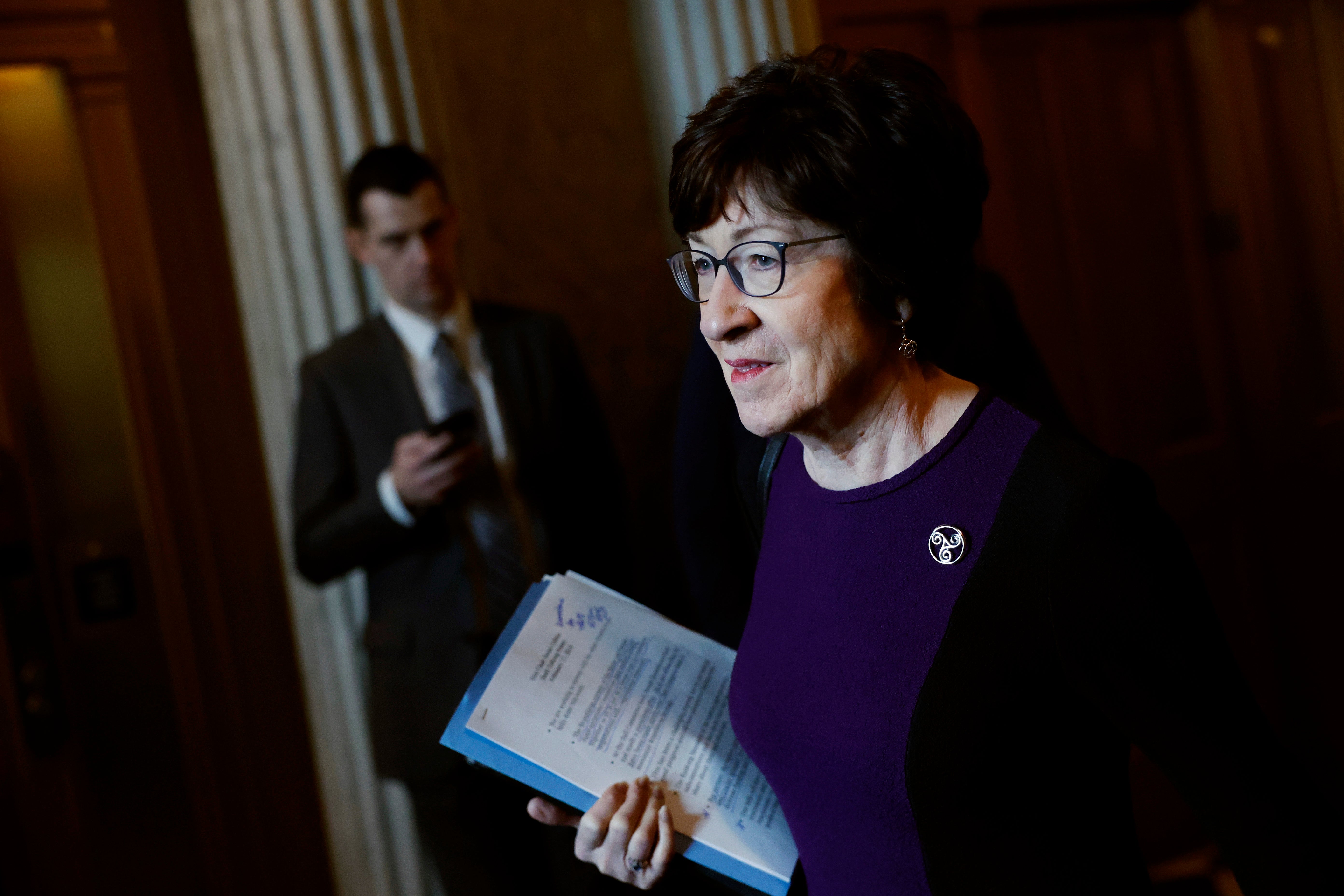 Sen. Susan Collins (R-ME) walks to a luncheon with Senate Republicans at the U.S. Capitol Building on February 27, 2024 in Washington, DC