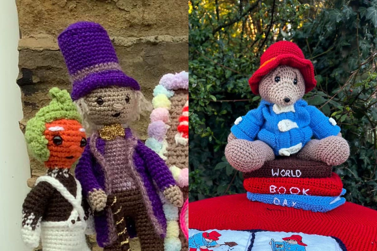 Crocheted Willy Wonka and Paddington Bear have graced postboxes across the country for World Book Day (Lynn Clegg/Margaret Upton/PA)