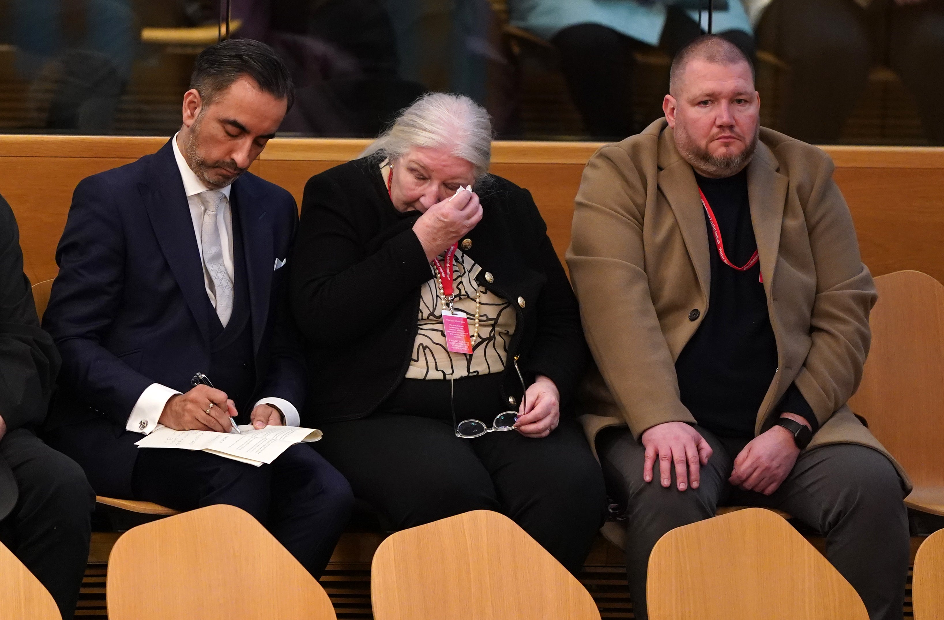 Margaret Caldwell, the mother of murder victim Emma Caldwell, listens from the public gallery as justice secretary Angela Constance speaks