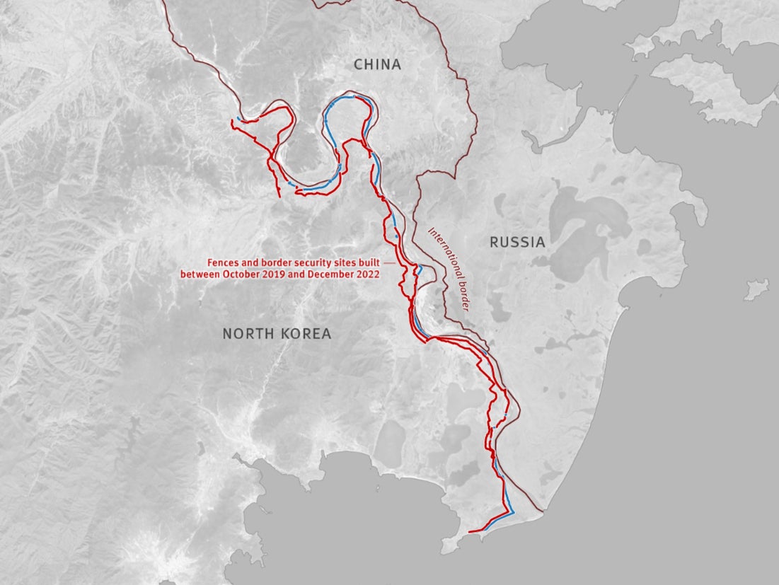 Between October 2019 and December 2022, authorities built 45 kilometres of new primary fence and 65 kilometers of secondary fencing in the Sonbong district (Sonbong-guyok), bordering with China and Russia. Almost all the area is double-fenced. There are 1,416 new guard posts built since 2019 every 50 meters along the primary and every 100 to 150 meters along the secondary fence