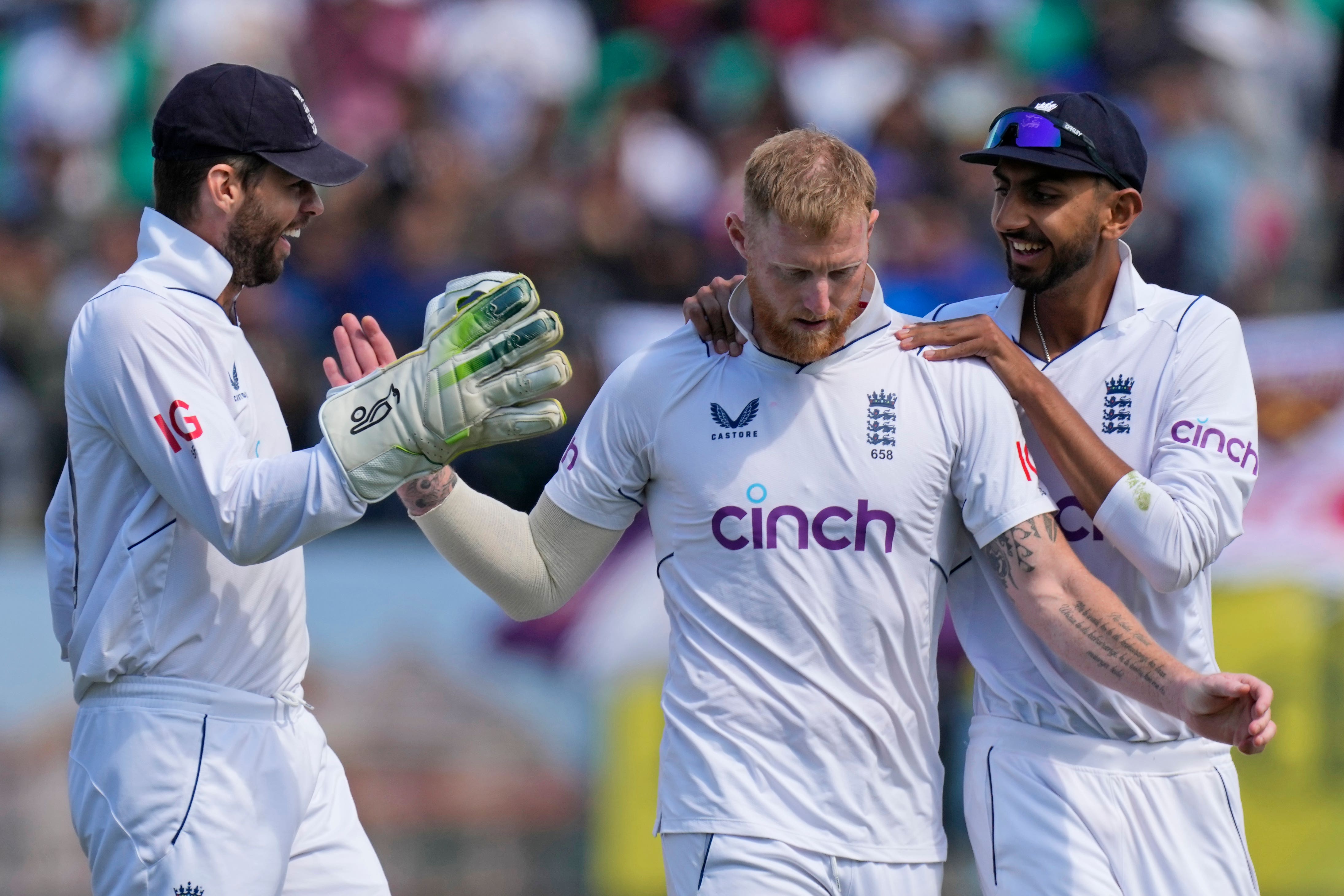 Stokes celebrates taking the wicket of Rohit Sharma