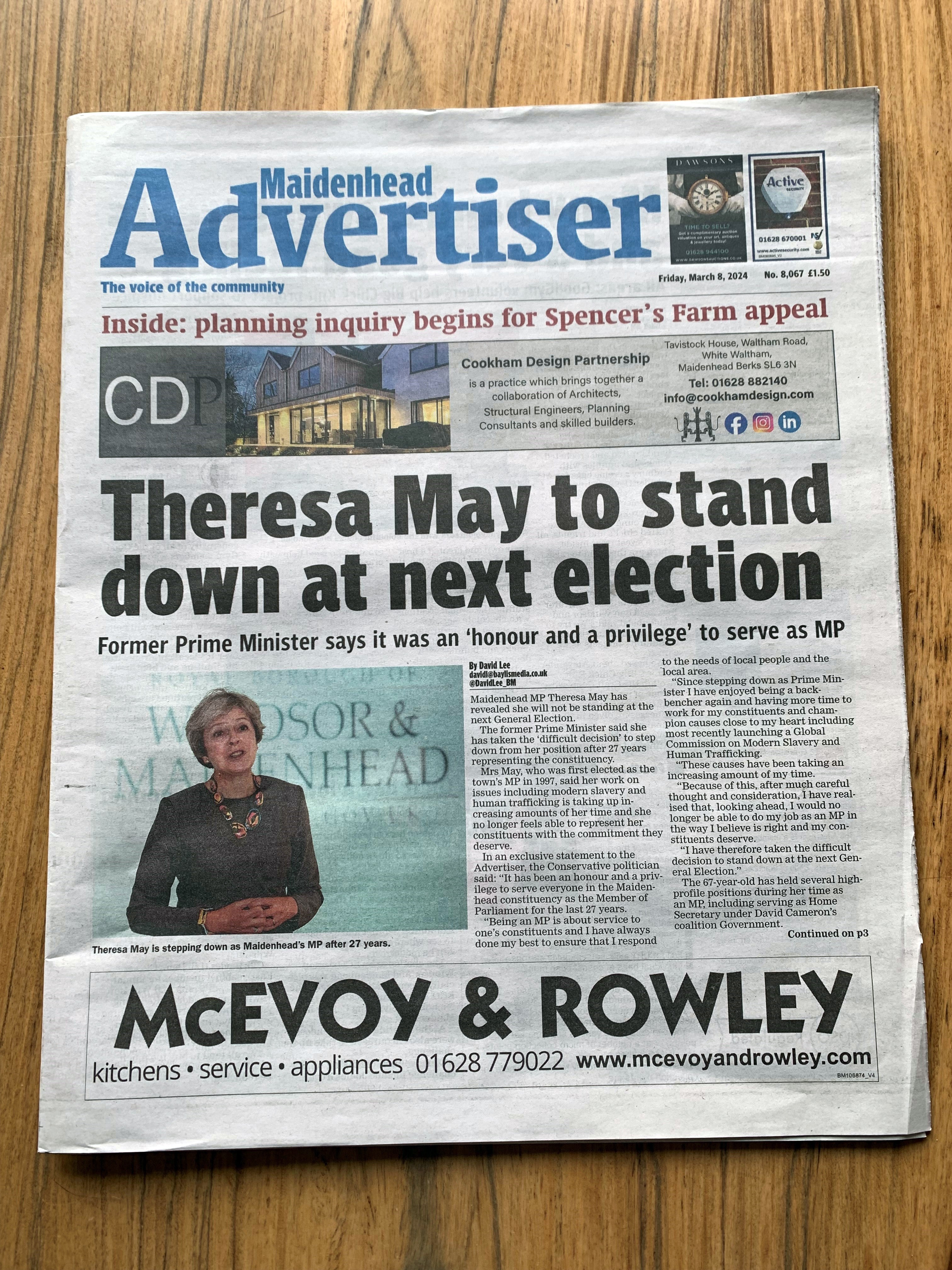 The former prime minister announced her resignation in her local paper