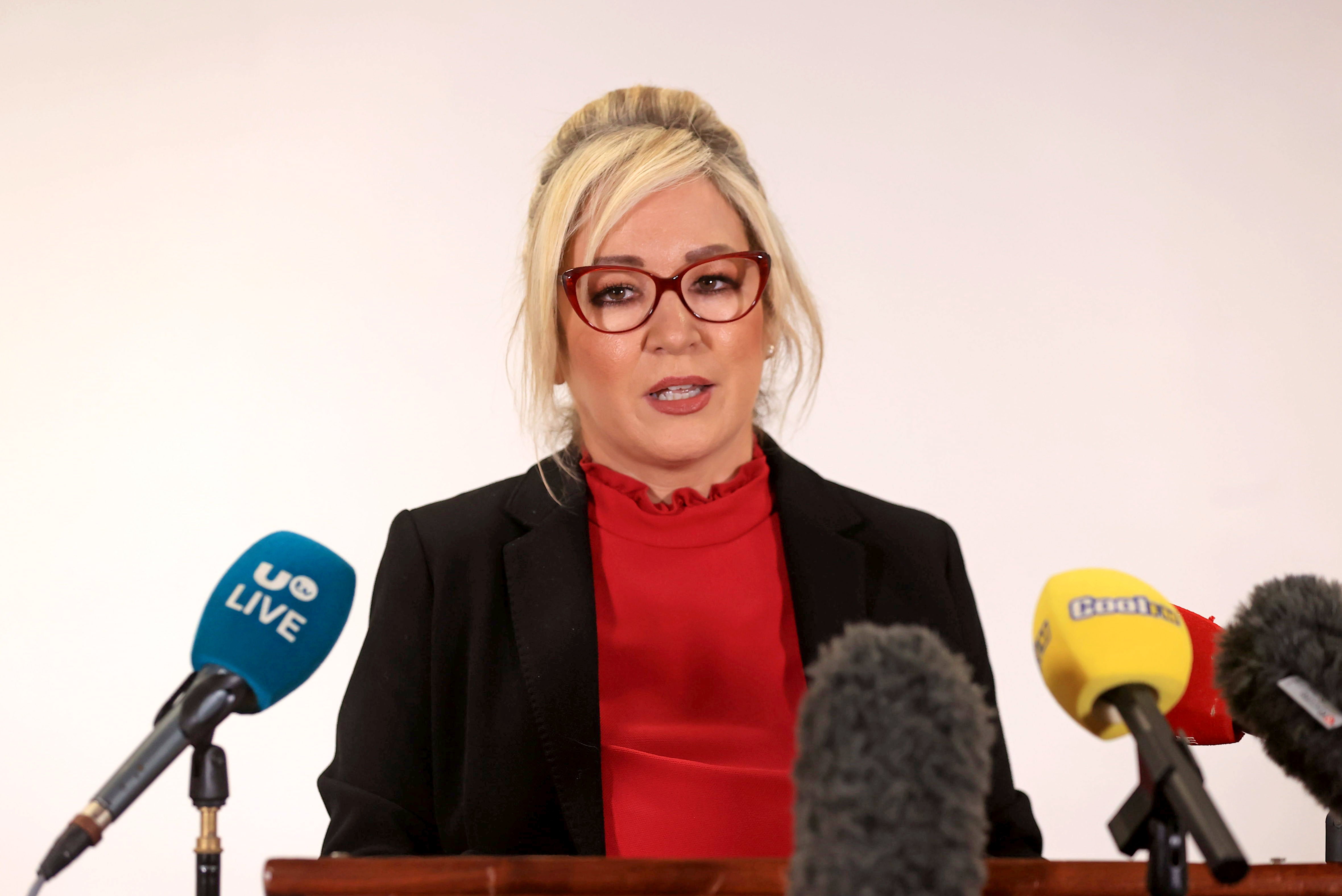 First Minister Michelle O'Neill at a press conference at Parliament Buildings, Stormont, following the publication of the Operation Kenova Interim Report