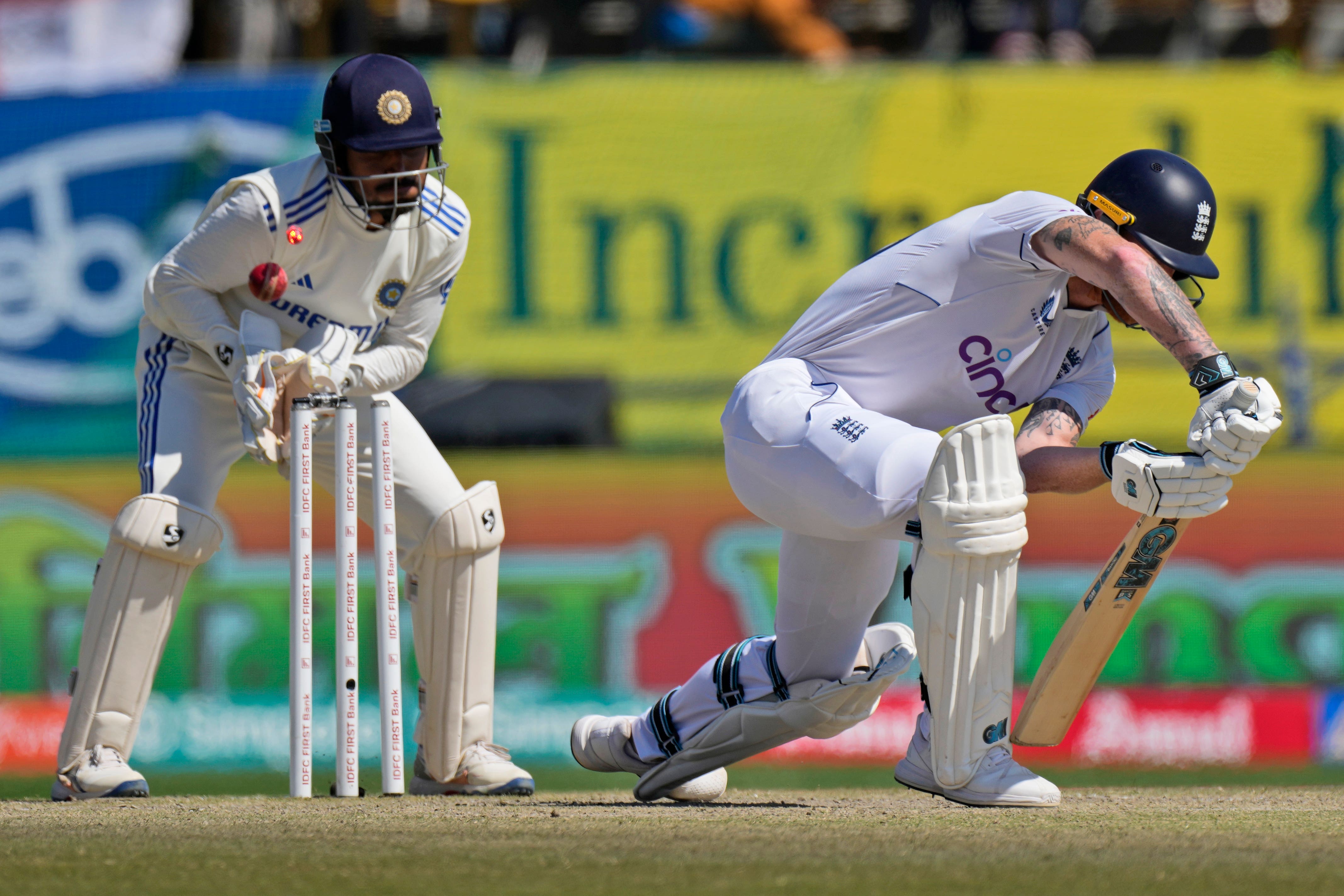 England’s captain Ben Stokes is bowled out by India’s Ravichandran Ashwin (Ashwini Bhatia/AP)