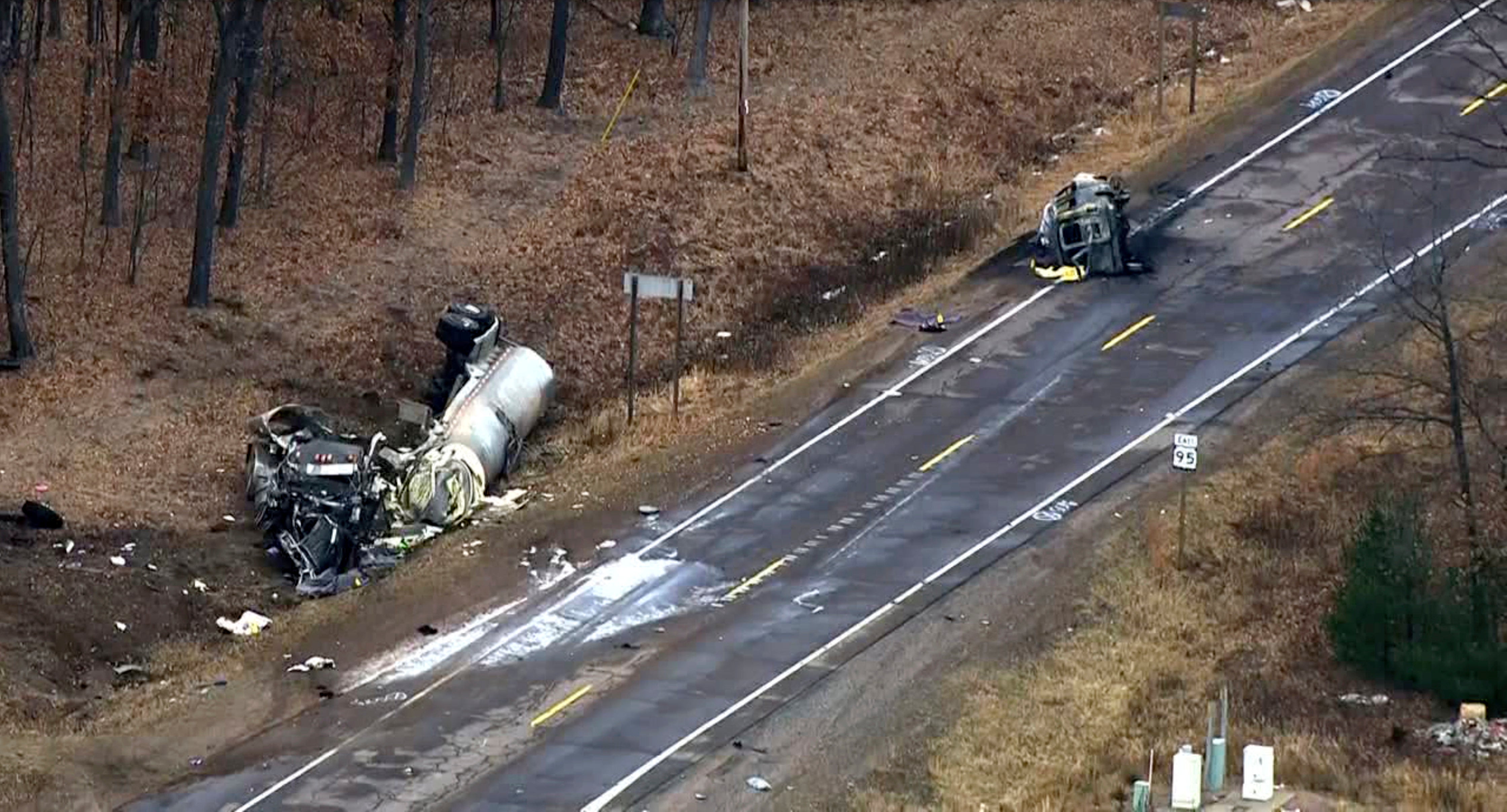 Image from video provided by KMSP-TV shows the scene of a fatal crash, Friday, March 8, 2024 in Dewhurst, Wis. Multiple people were killed in a western Wisconsin traffic crash involving a semitruck and a van