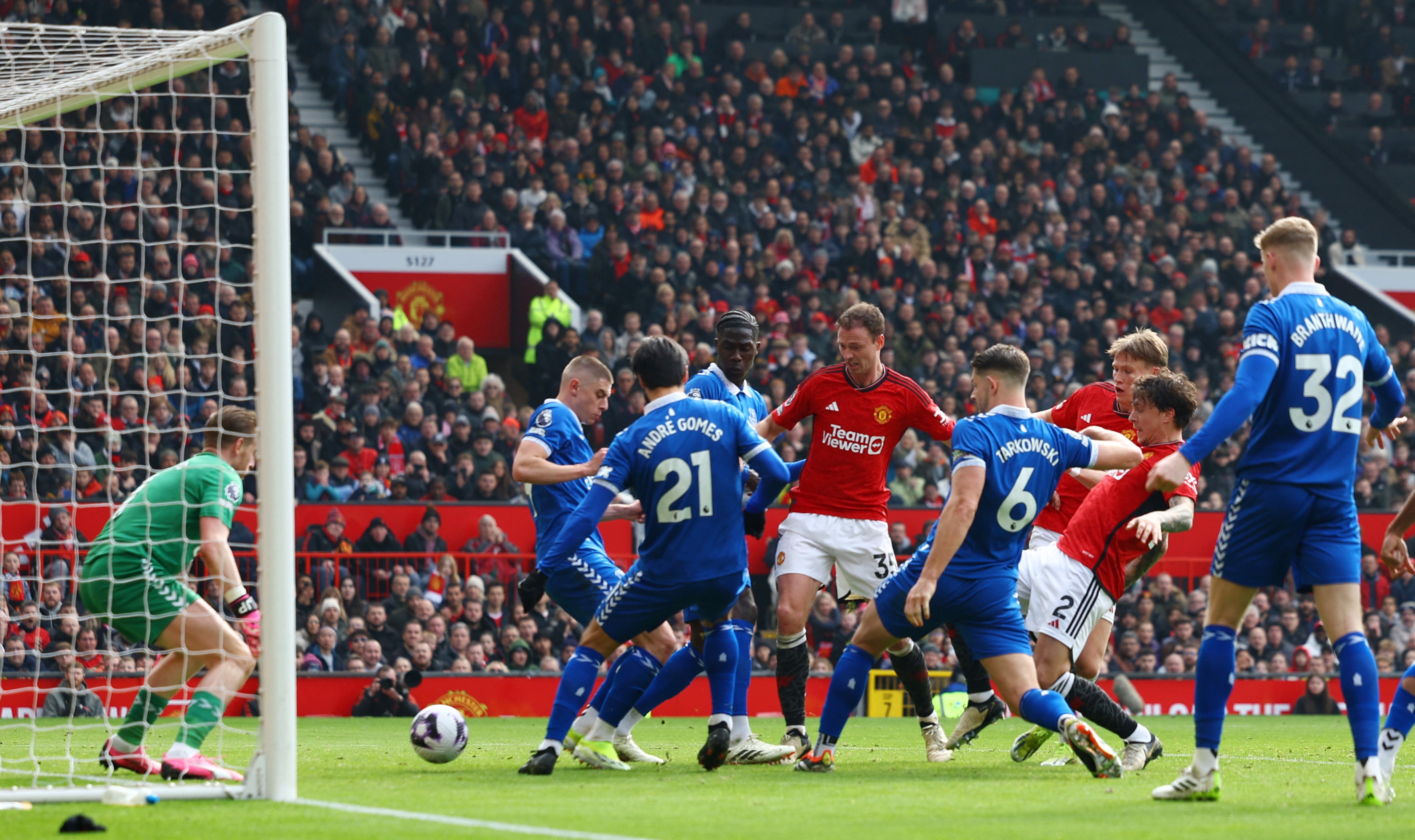 Everton survived this six-yard box scramble