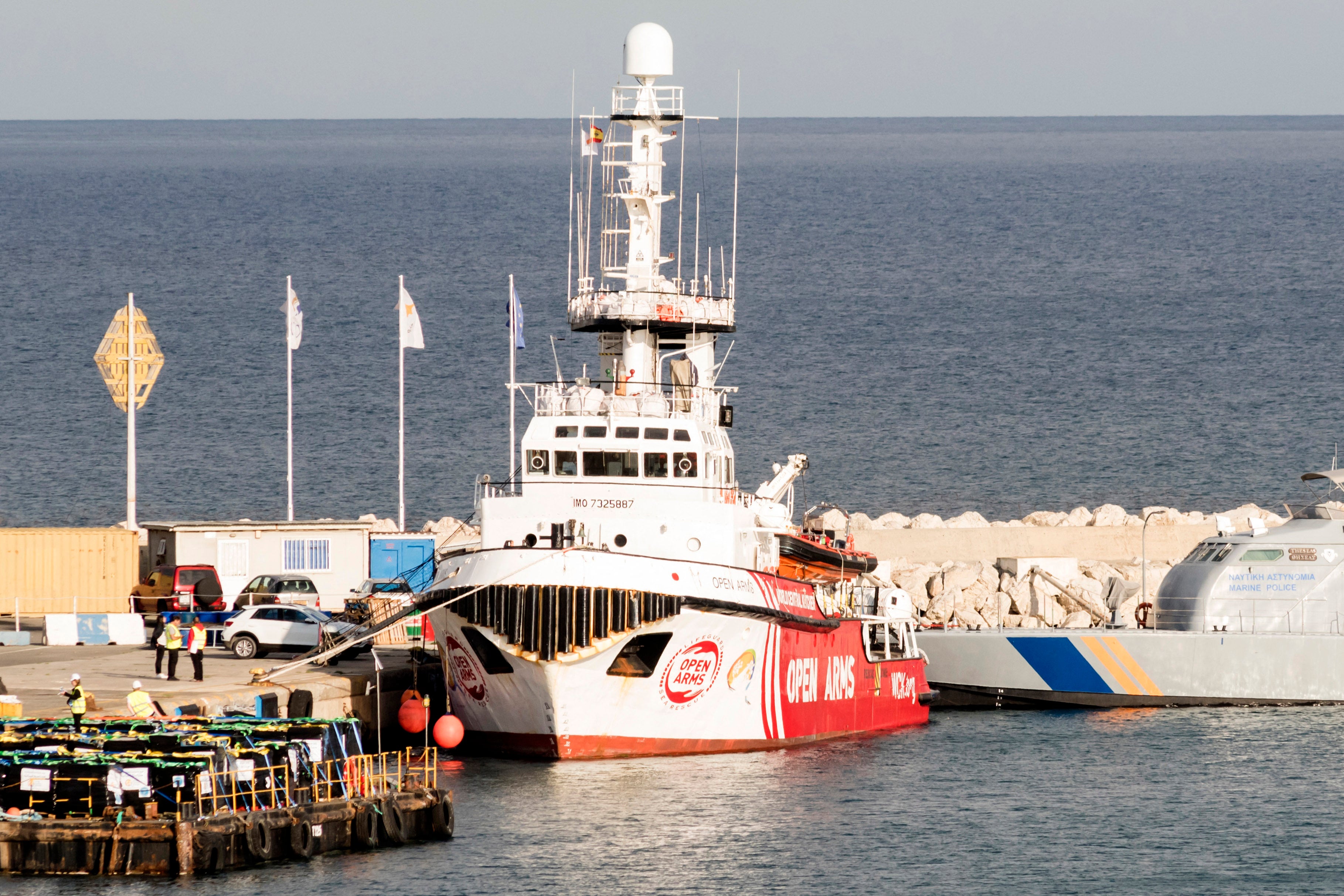 The Open Arms vessel, carrying two-hundred tonnes of food aid to Gaza, is seen docked in the Cypriot port of Larnaca on March 9, 2024.