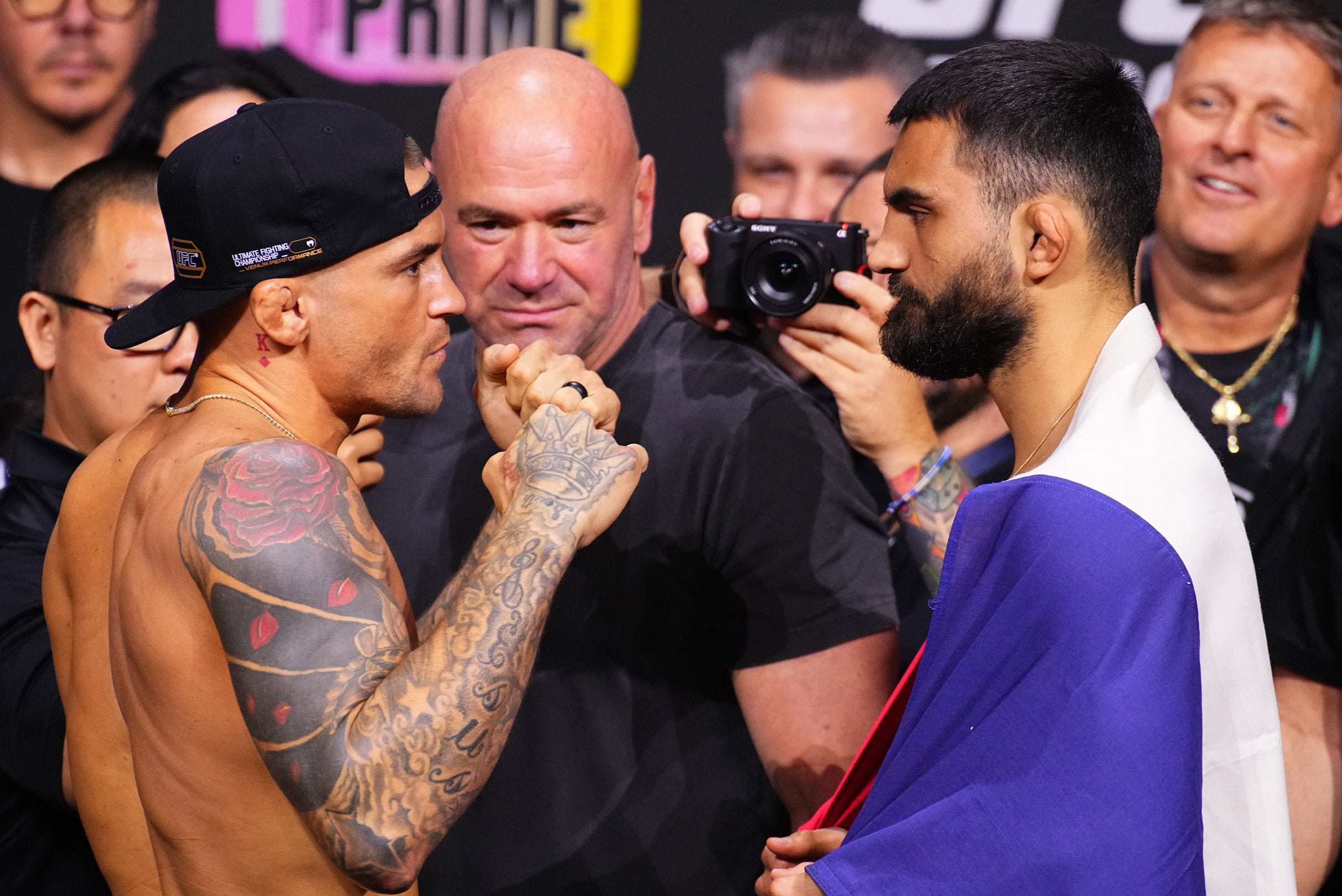 Dustin Poirier will fight rising French contender Benoit Saint-Denis (right)