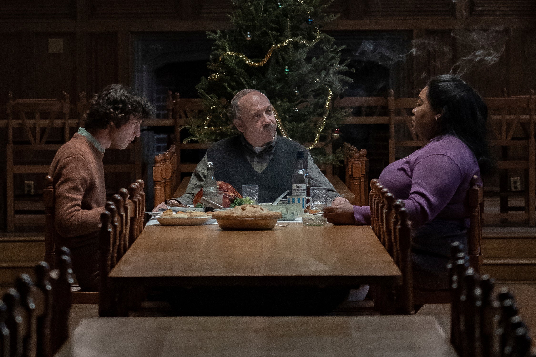 L-R: Dominic Sessa, Paul Giamatti and Da'Vine Joy Randolph in a scene from ‘The Holdovers’