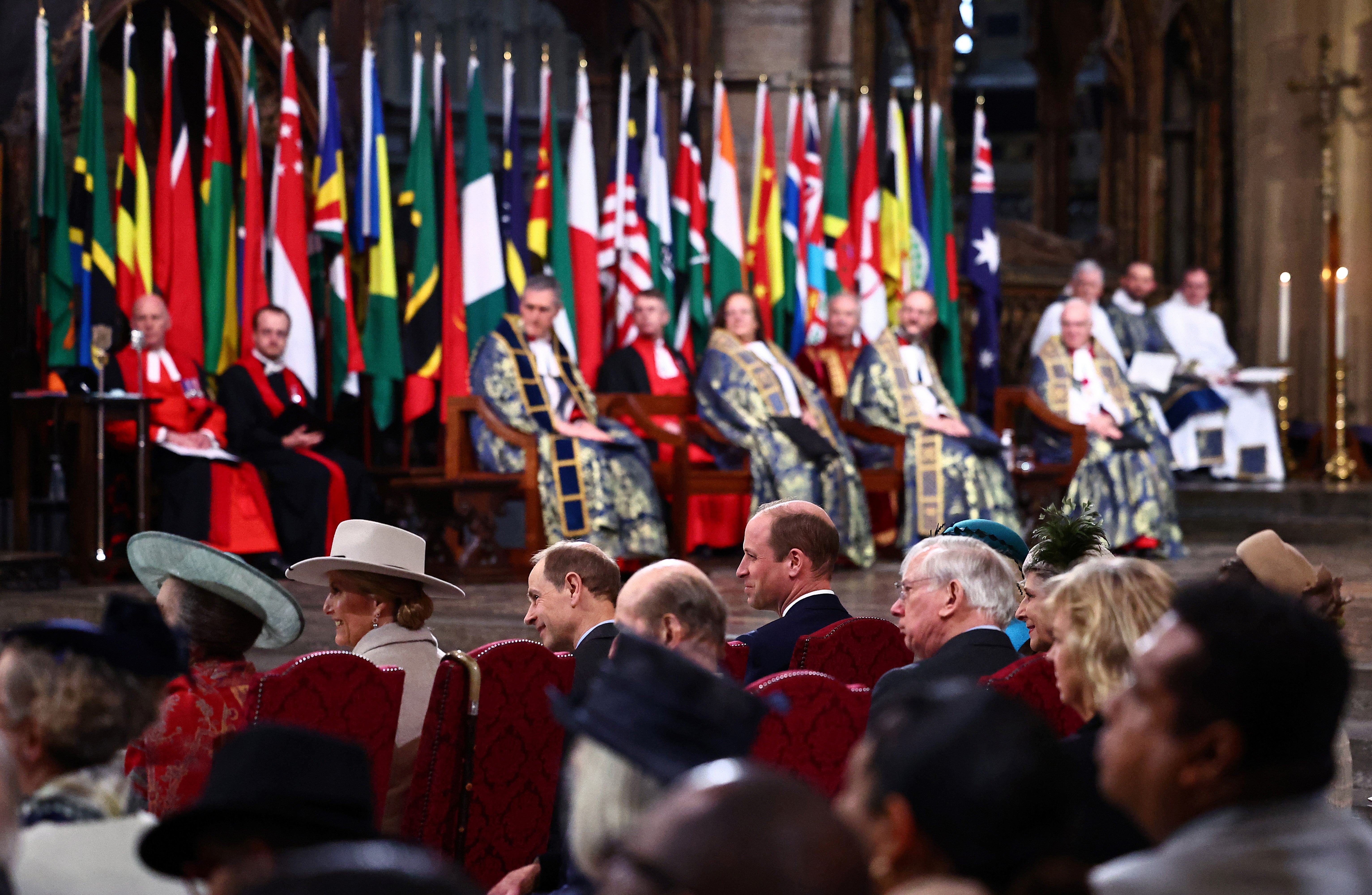 (front row left-right) the Duchess of Edinburgh, the Duke of Edinburgh and the Prince of Wales attending the annual Commonwealth Day Service at Westminster Abbey