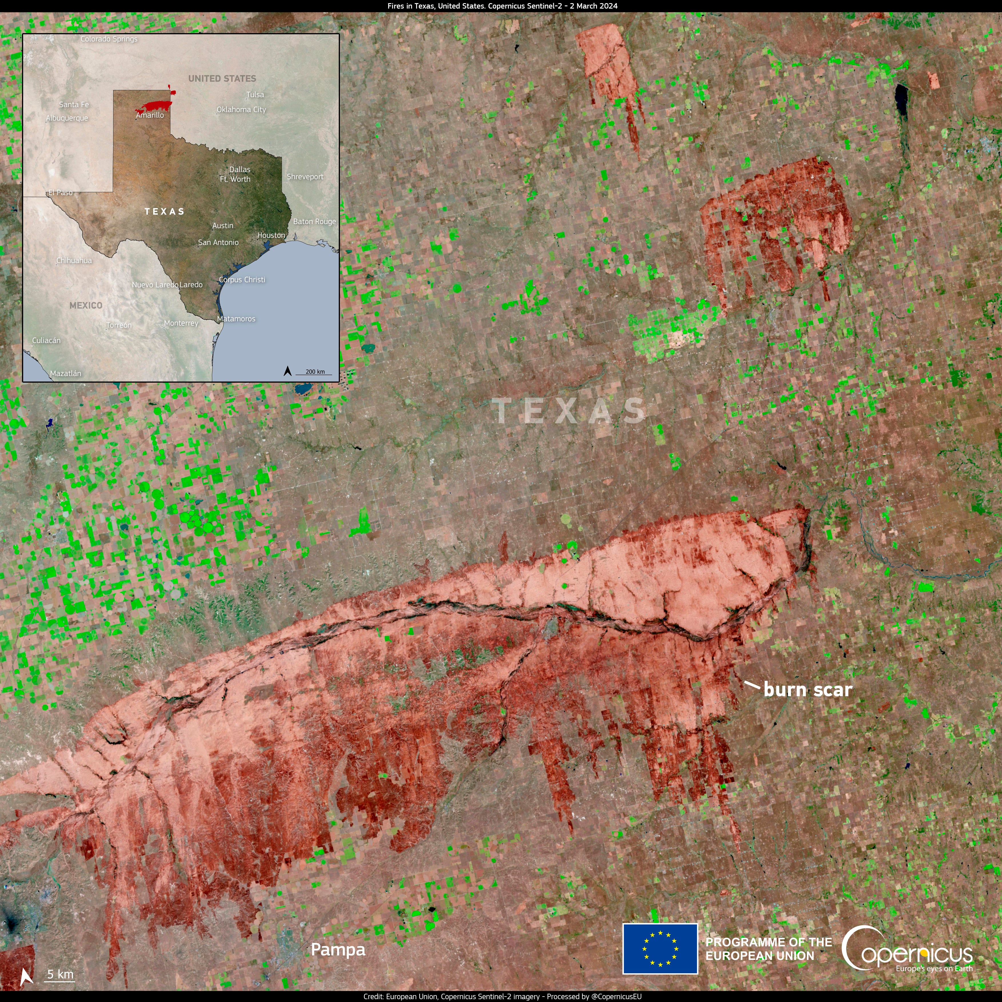 In an image from 2 March, acquired by one of the Copernicus Sentinel-2 satellites, the burn scar can be seen north of the city of Pampa, Texas