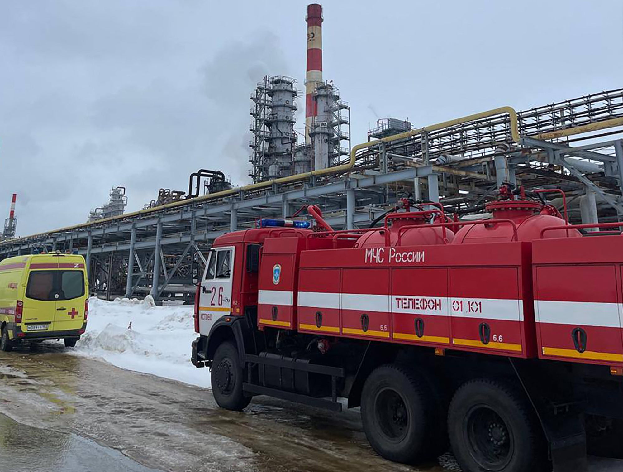 This photo published on the official Telegram account of the Nizhny Novgorod region governor Gleb Nikitin, on March 12, 2024, shows emergency vehicles at the spot of a fire on the grounds of a fuel and energy complex in the town of Kstovo