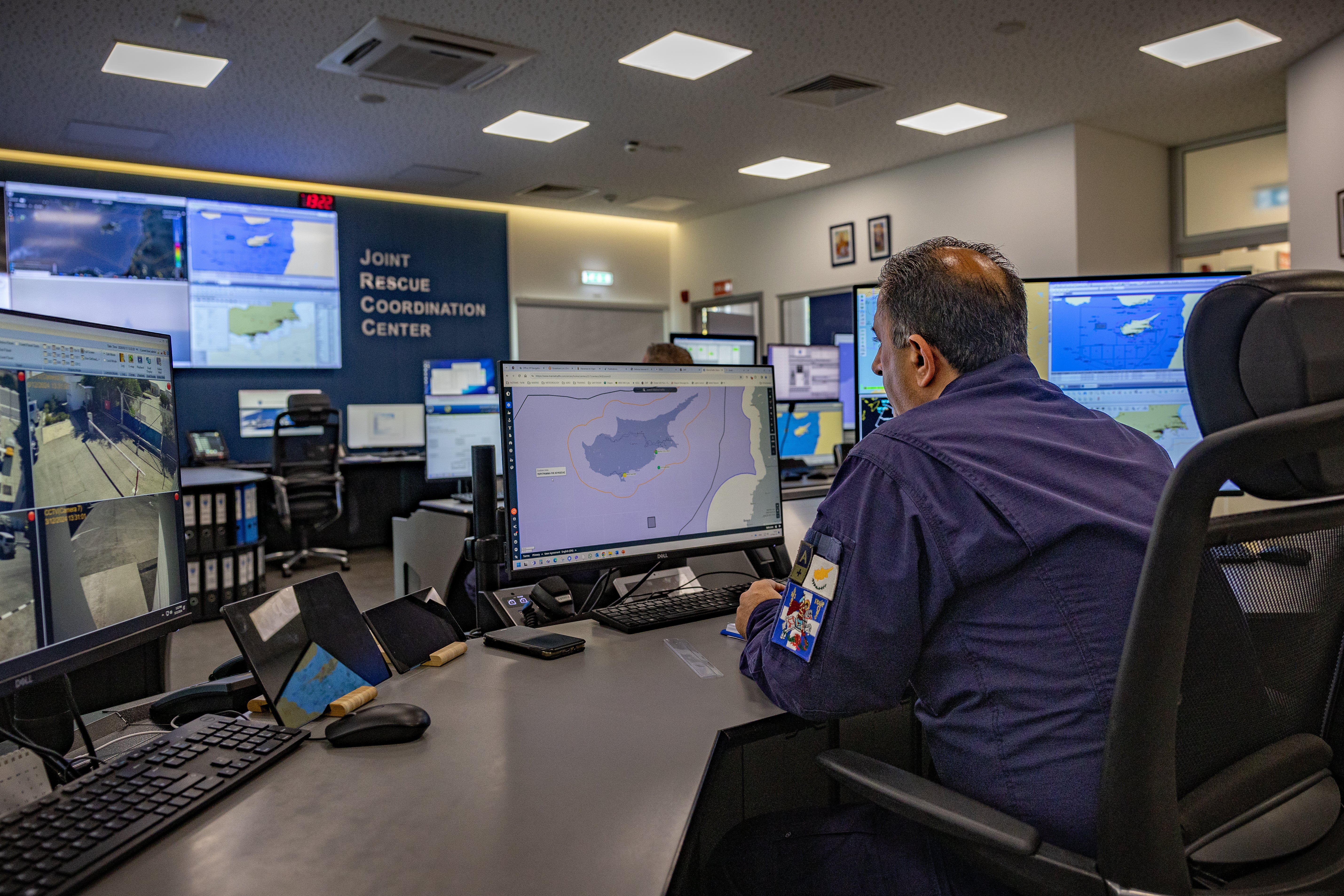 Cypriot officers monitor the progress of the Open Arms/WCK aid ship going to Gaza