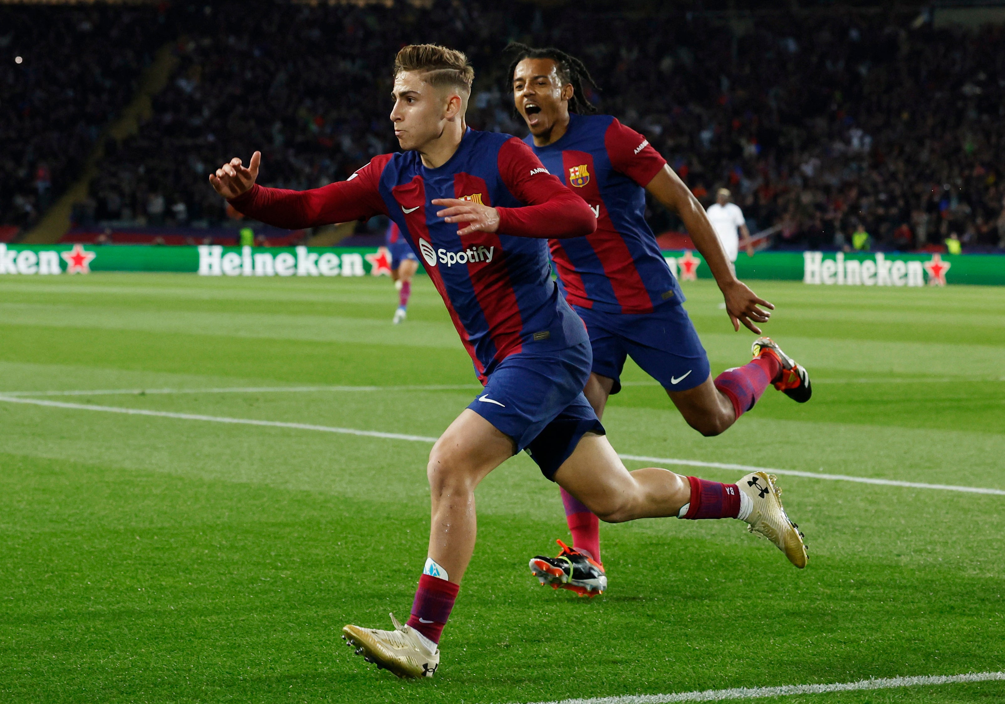 Barcelona's Fermin Lopez celebrates scoring their first goal