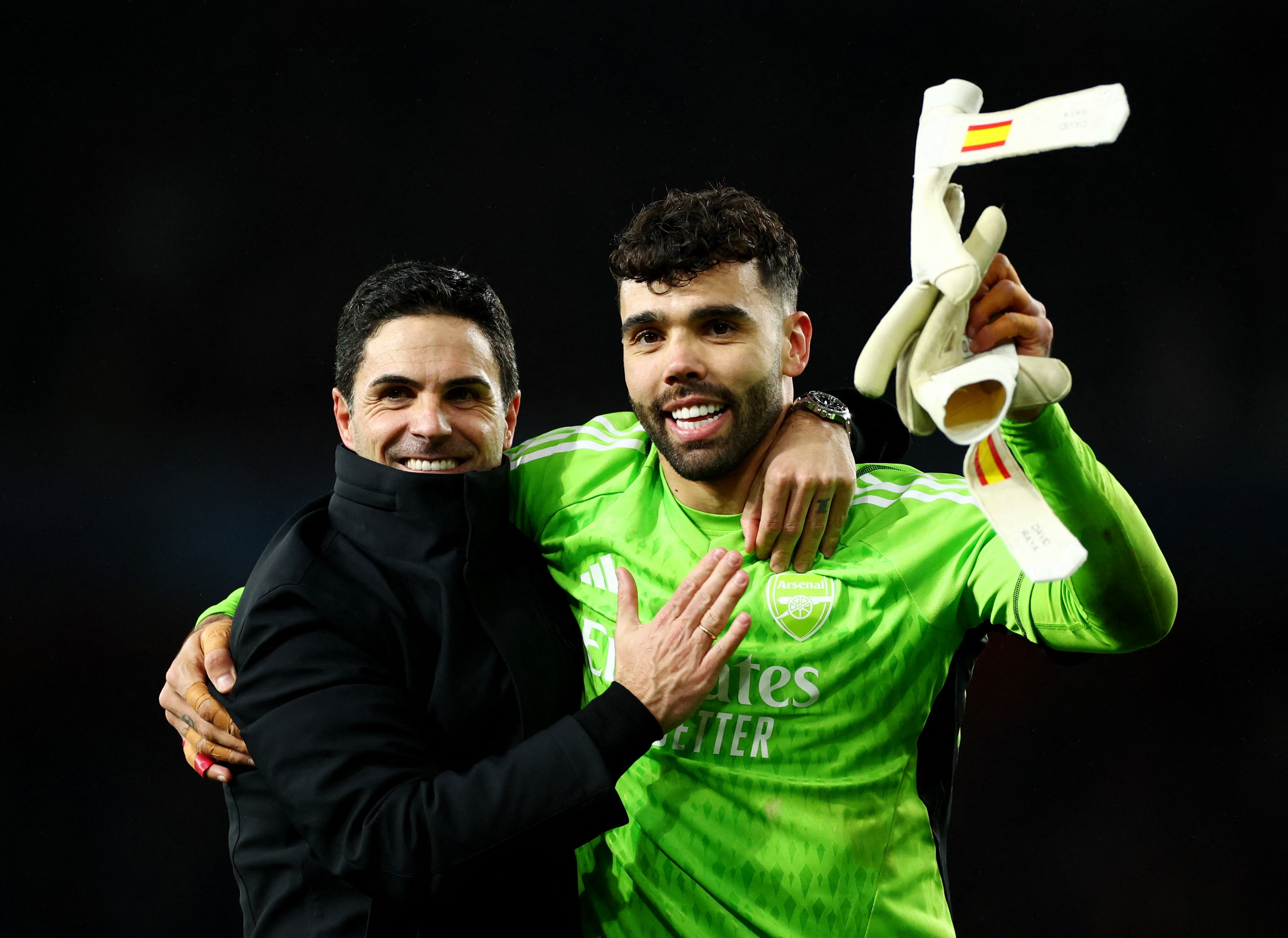 Mikel Arteta and David Raya celebrate Arsenal’s win against Porto - their last fixture on March 12