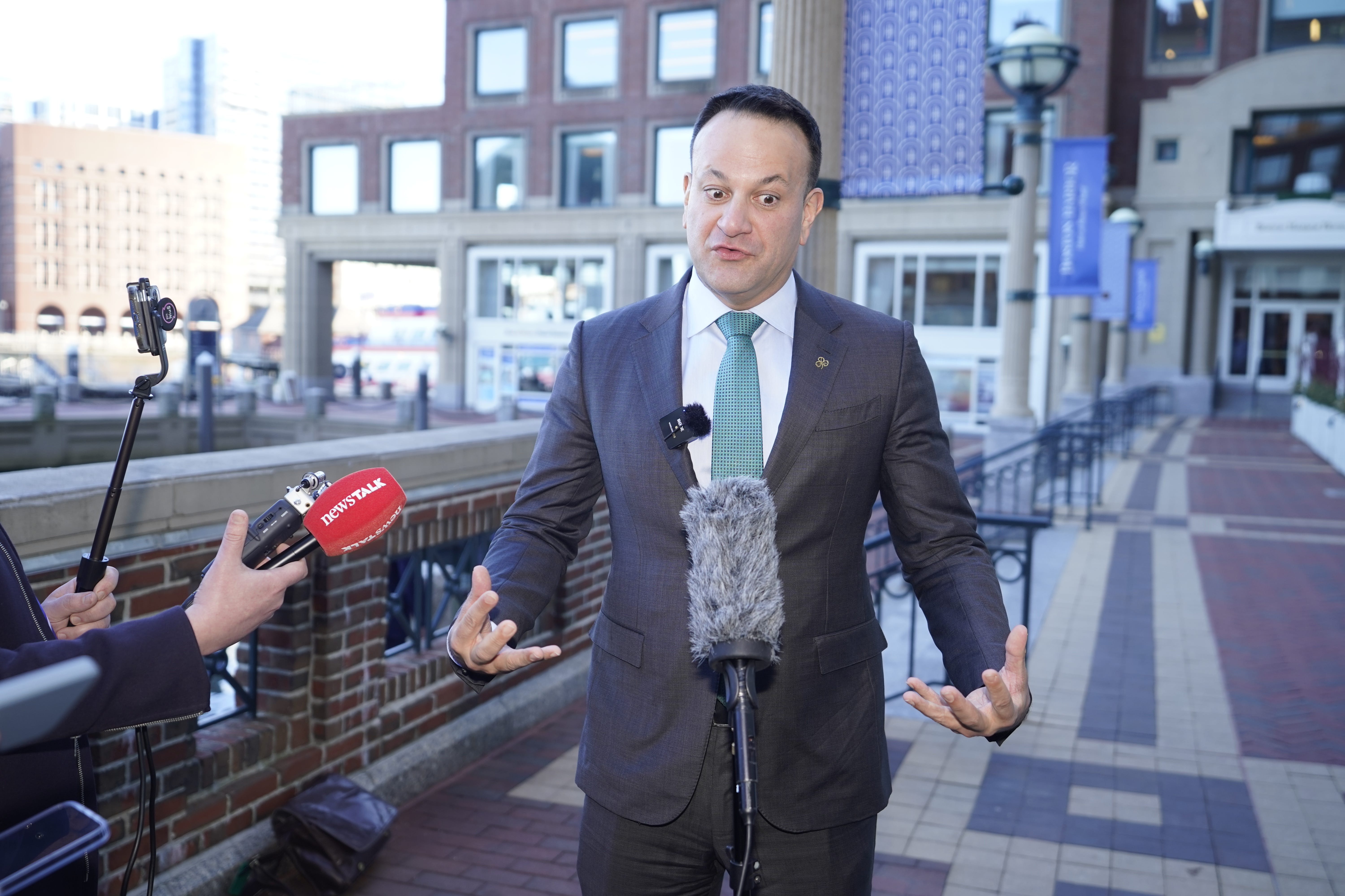 Taoiseach Leo Varadkar speaks to the media outside the Boston Harbor Hotel (Niall Carson/PA)