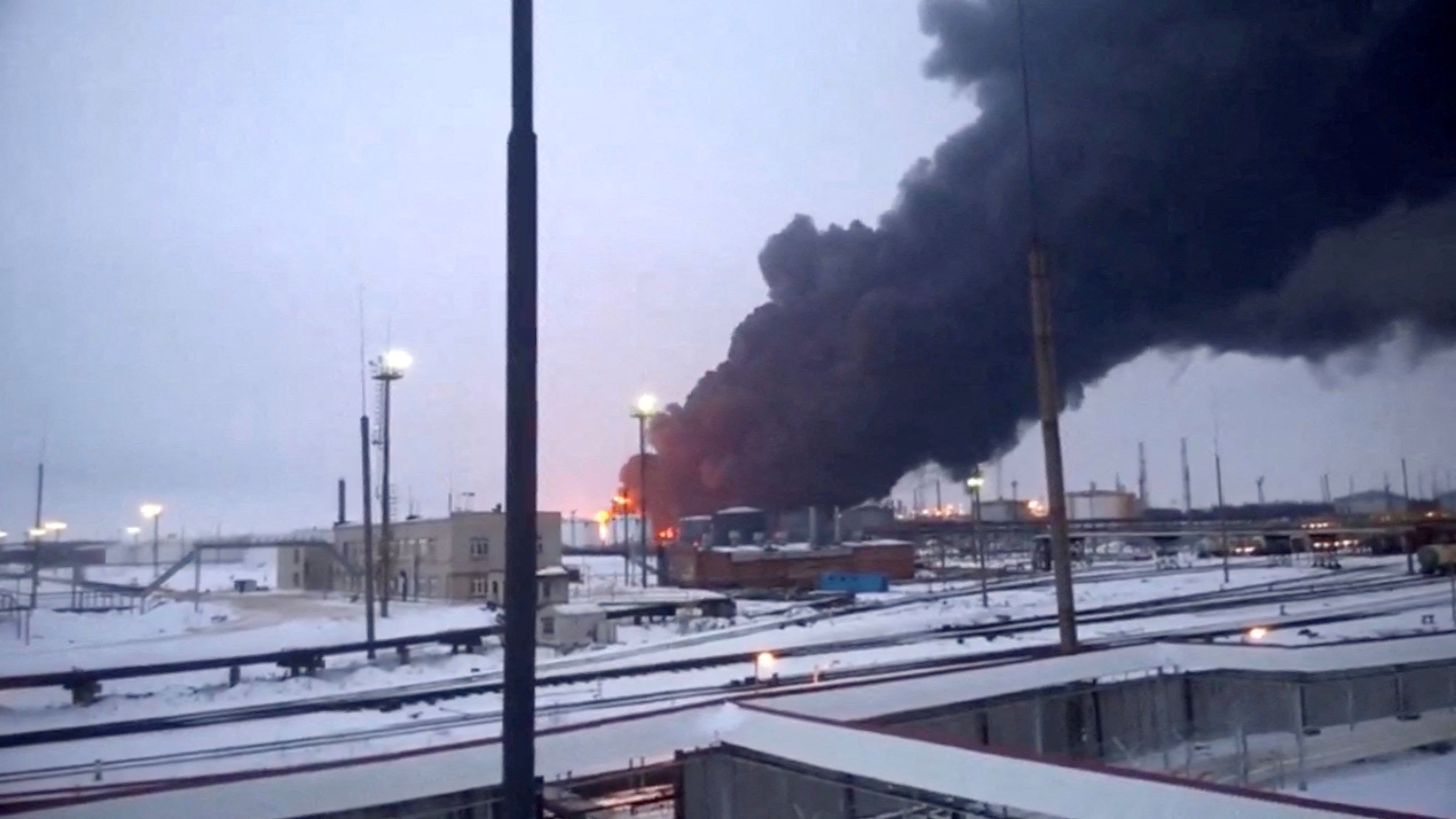 Smoke billows after Ukraine's SBU drone strikes a refinery in Ryazan, Russia, in March 2024