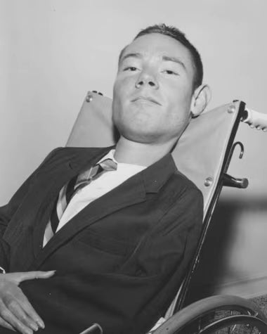 Alexander as a young man, outside his iron lung